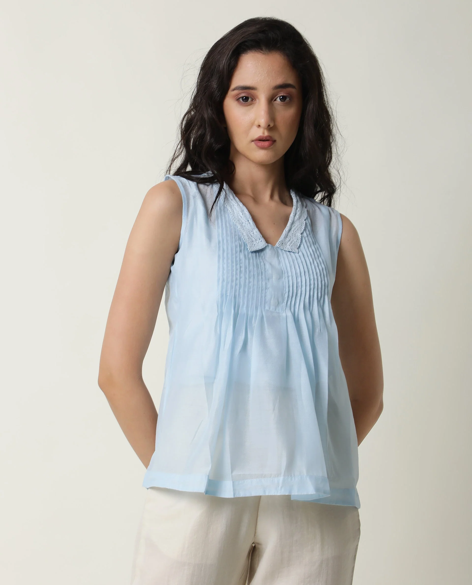 Rareism Women's Leisure Blue Cotton V-Neck Plain Sleeveless Regular Fit Top