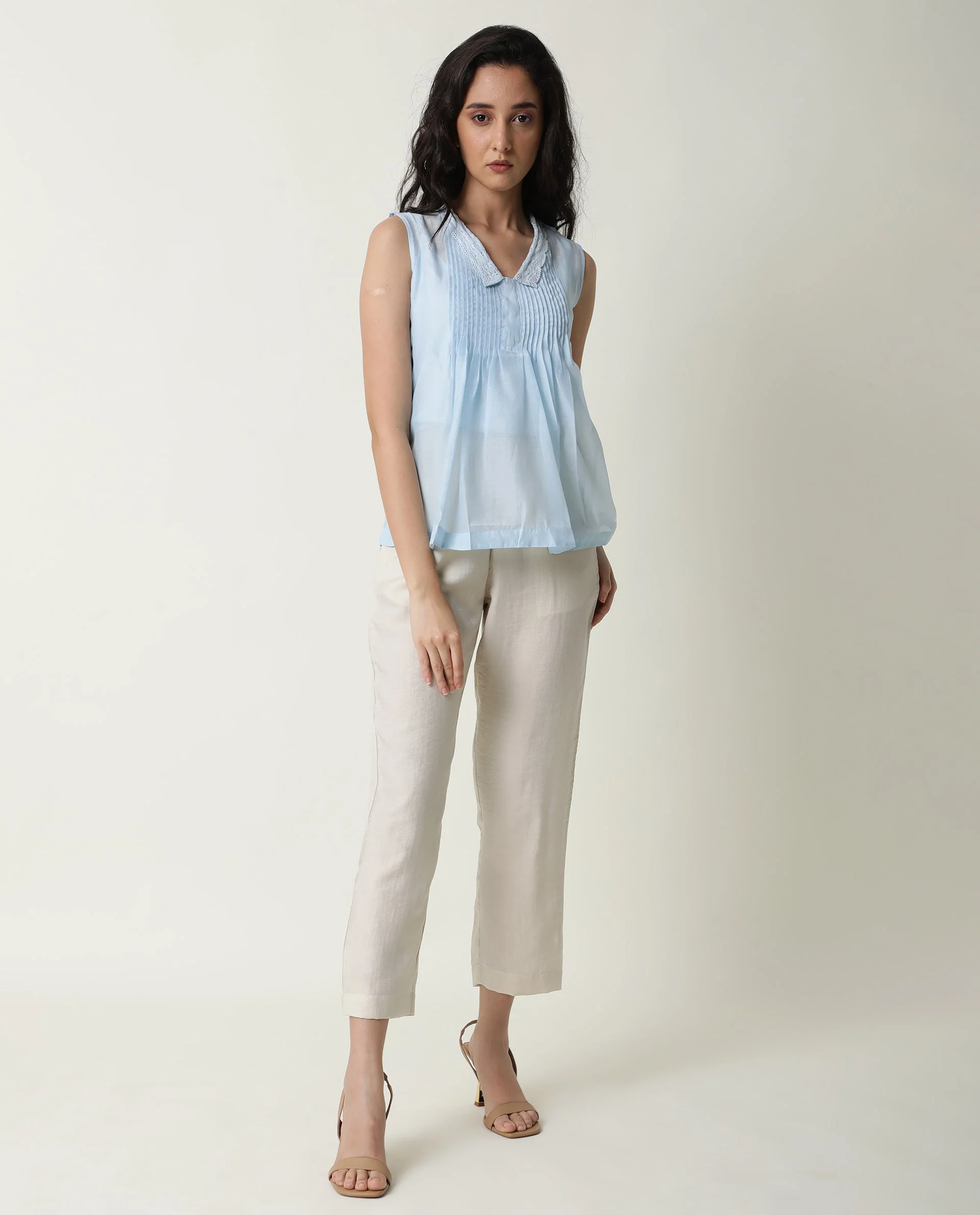 Rareism Women's Leisure Blue Cotton V-Neck Plain Sleeveless Regular Fit Top - Image 10