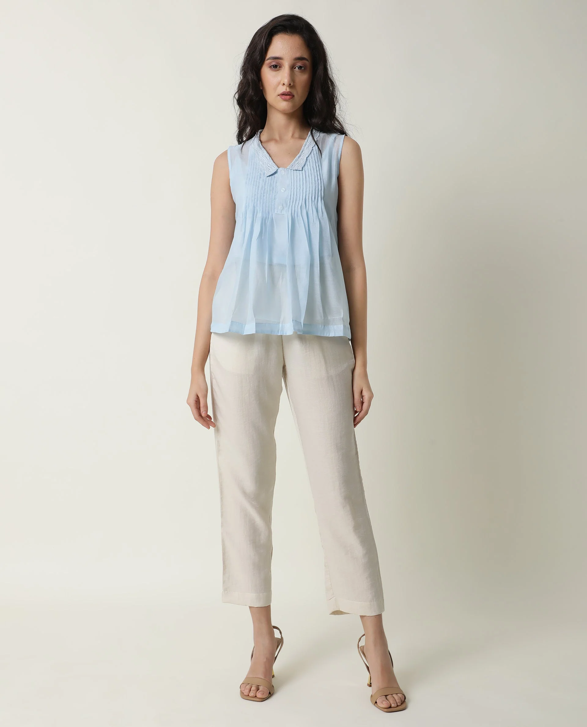 Rareism Women's Leisure Blue Cotton V-Neck Plain Sleeveless Regular Fit Top - Image 2