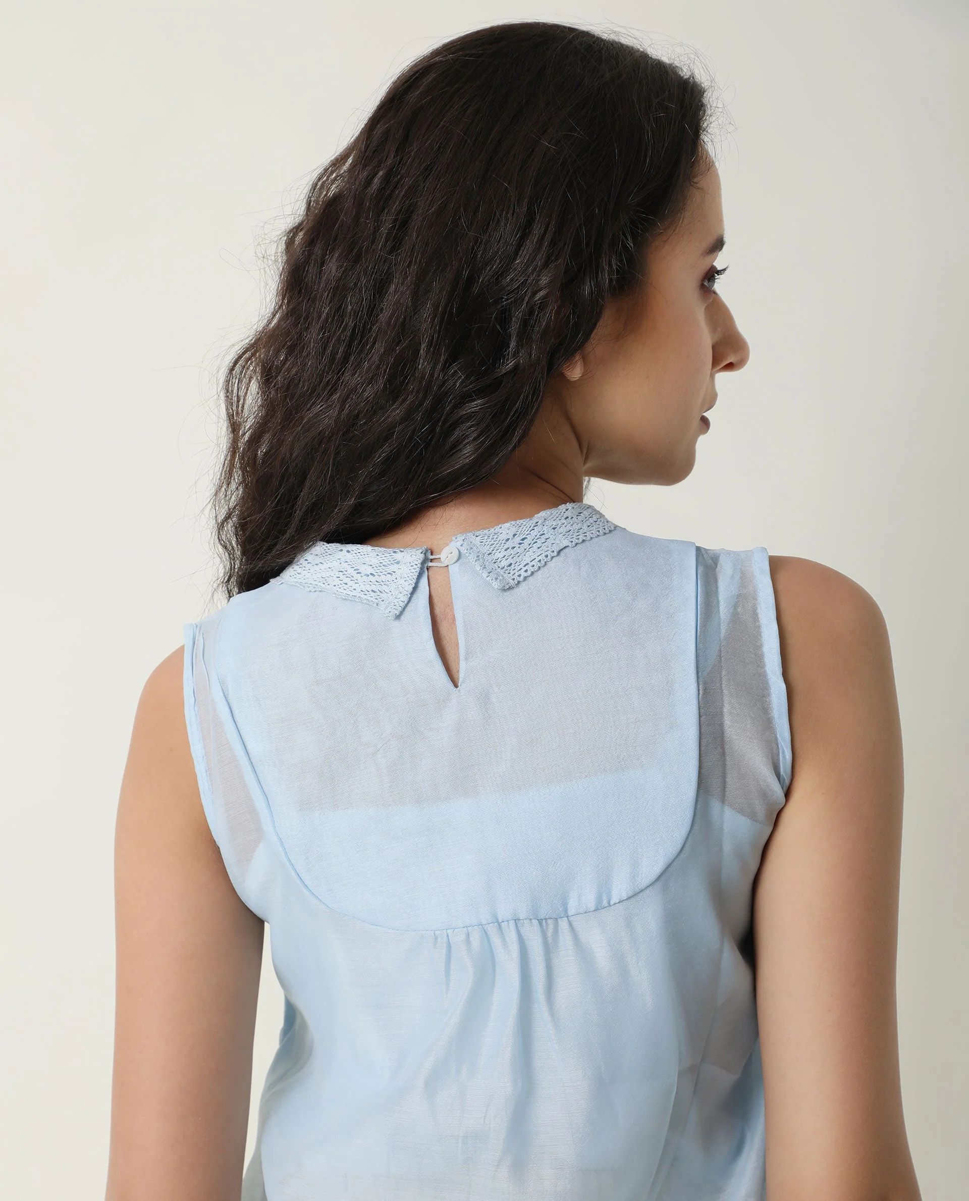 Rareism Women's Leisure Blue Cotton V-Neck Plain Sleeveless Regular Fit Top - Image 3