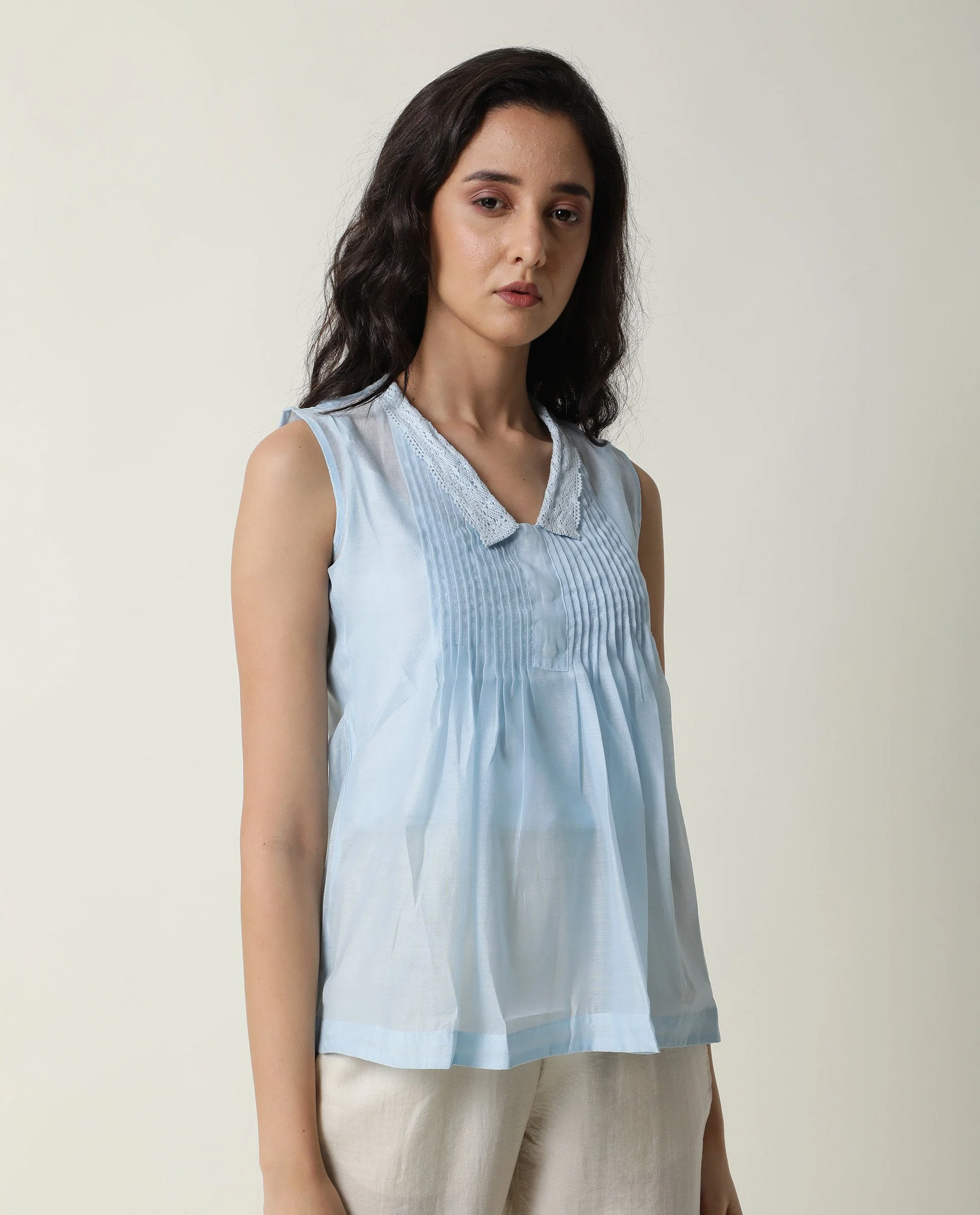 Rareism Women's Leisure Blue Cotton V-Neck Plain Sleeveless Regular Fit Top - Image 4