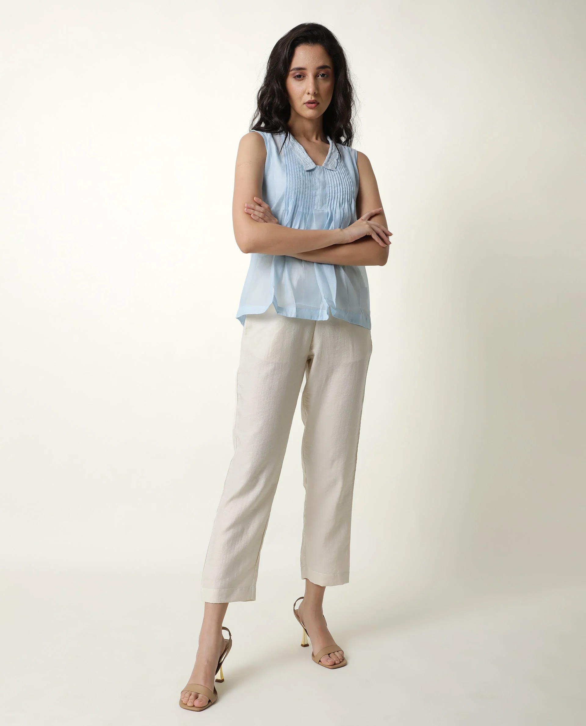Rareism Women's Leisure Blue Cotton V-Neck Plain Sleeveless Regular Fit Top - Image 5