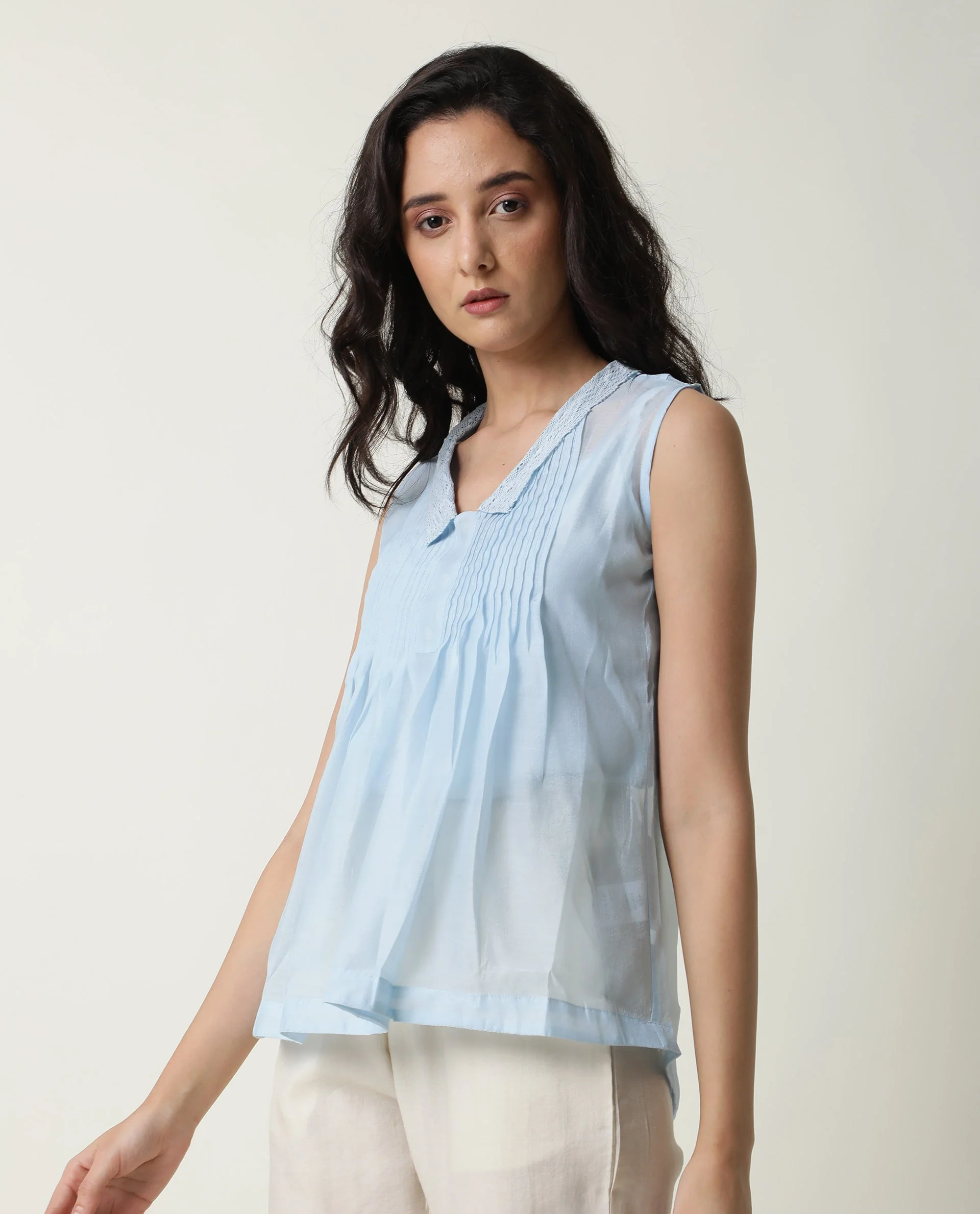 Rareism Women's Leisure Blue Cotton V-Neck Plain Sleeveless Regular Fit Top - Image 6