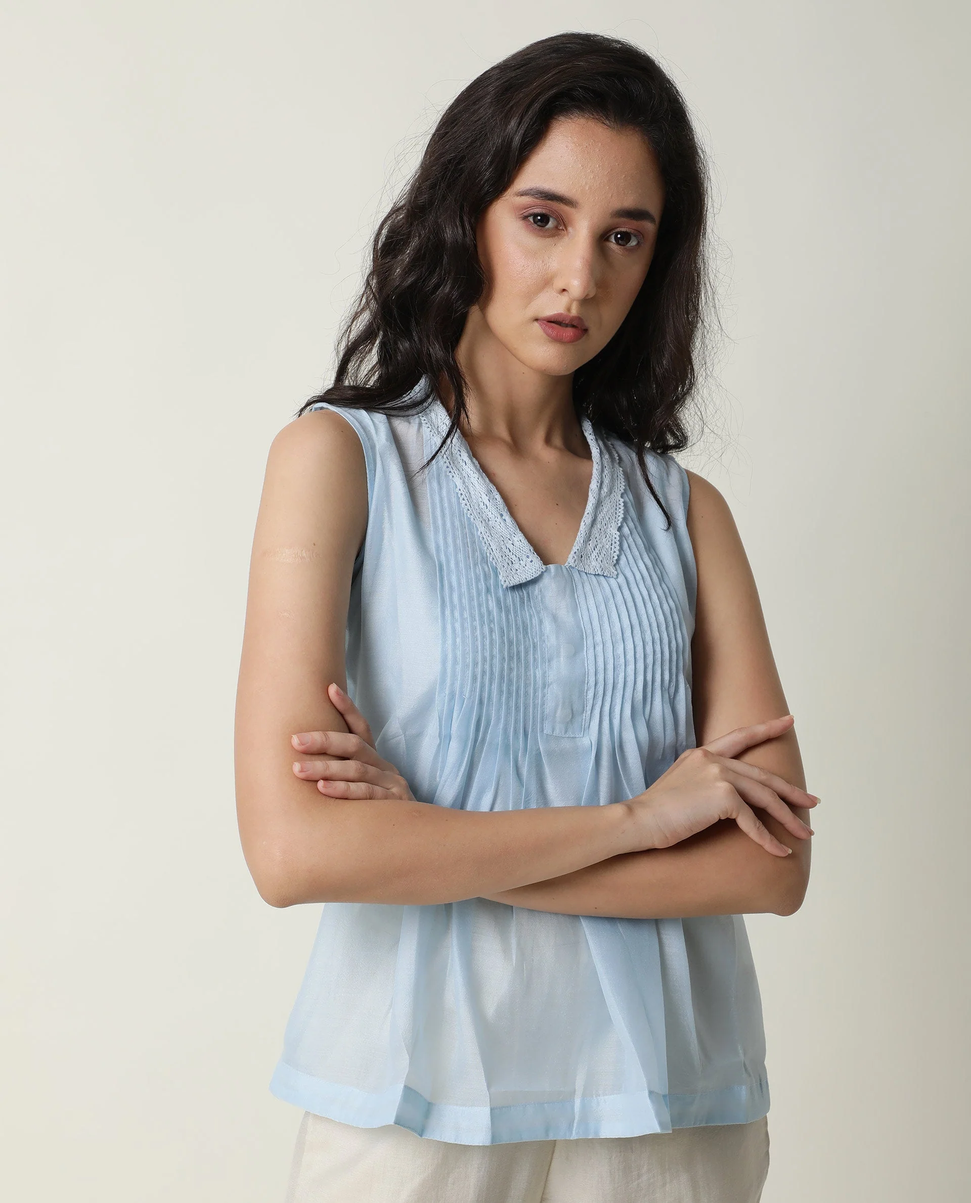 Rareism Women's Leisure Blue Cotton V-Neck Plain Sleeveless Regular Fit Top - Image 8