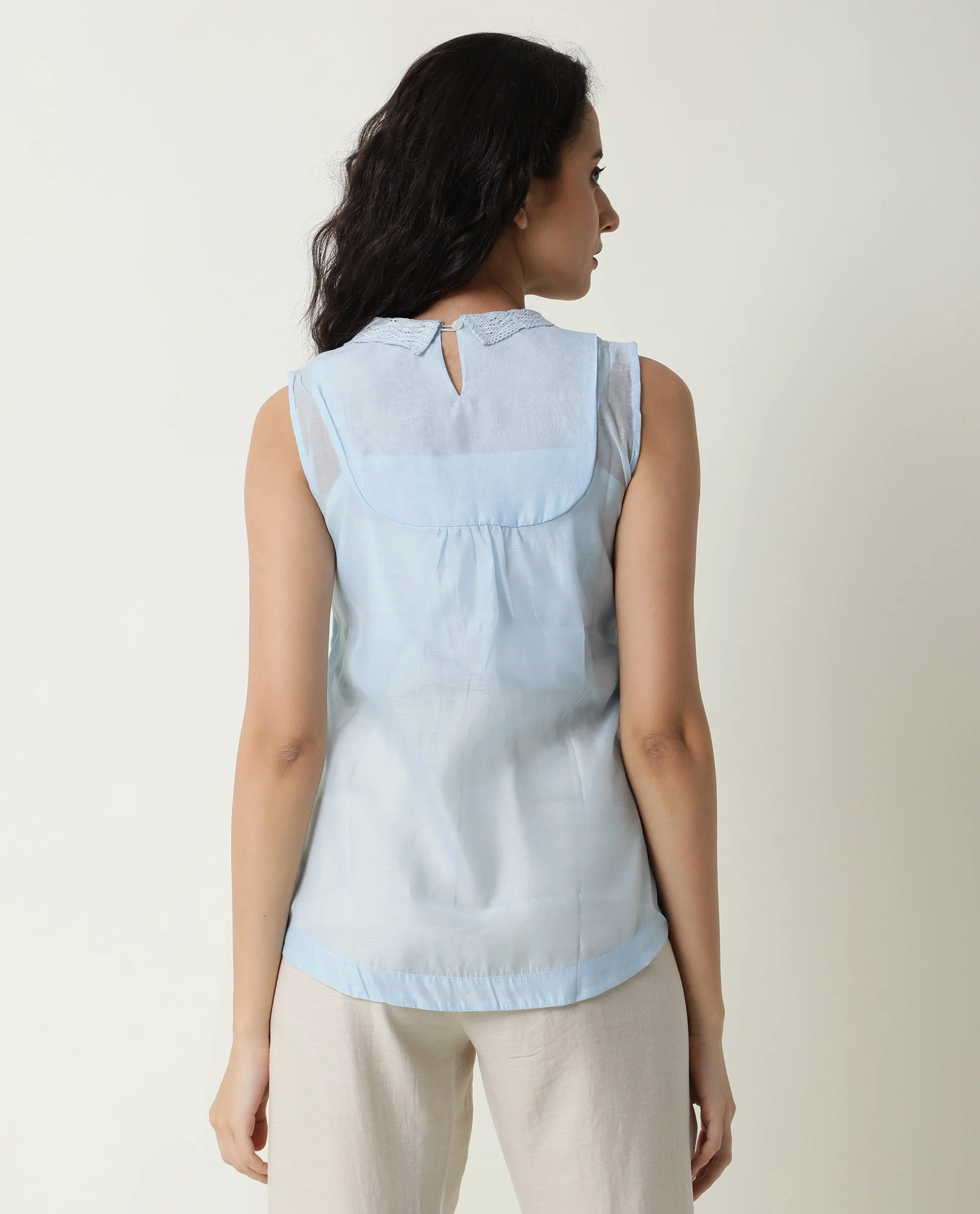 Rareism Women's Leisure Blue Cotton V-Neck Plain Sleeveless Regular Fit Top - Image 9