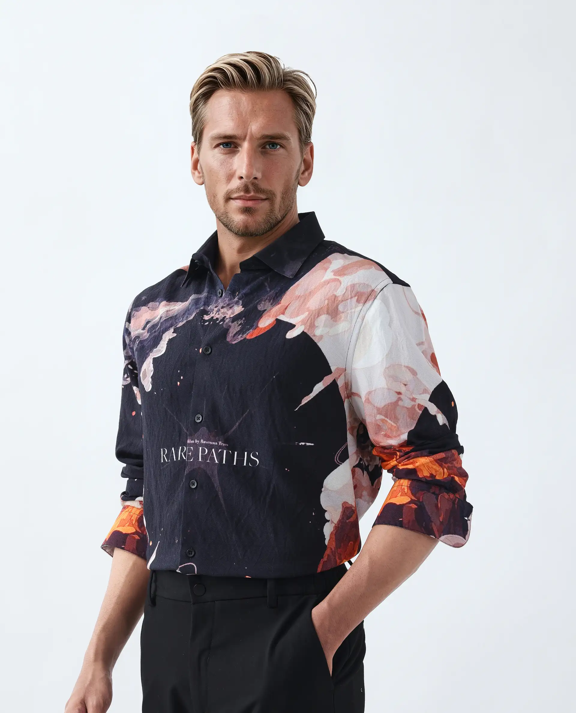 Rare Rabbit Men's Leko Black Viscose Art Deco Print Regular Fit Full Sleeve Collared Shirt - Image 2
