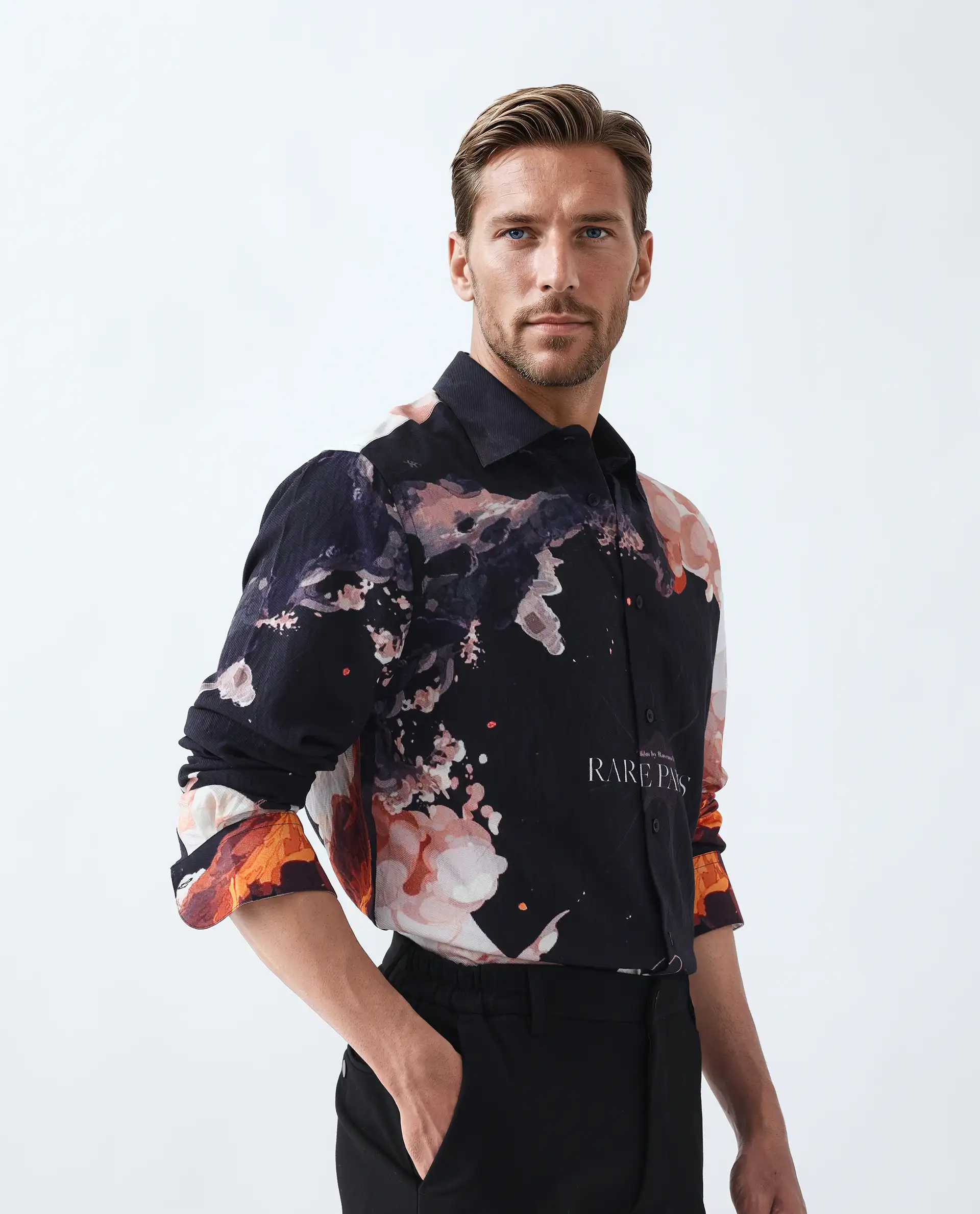 Rare Rabbit Men's Leko Black Viscose Art Deco Print Regular Fit Full Sleeve Collared Shirt - Image 3