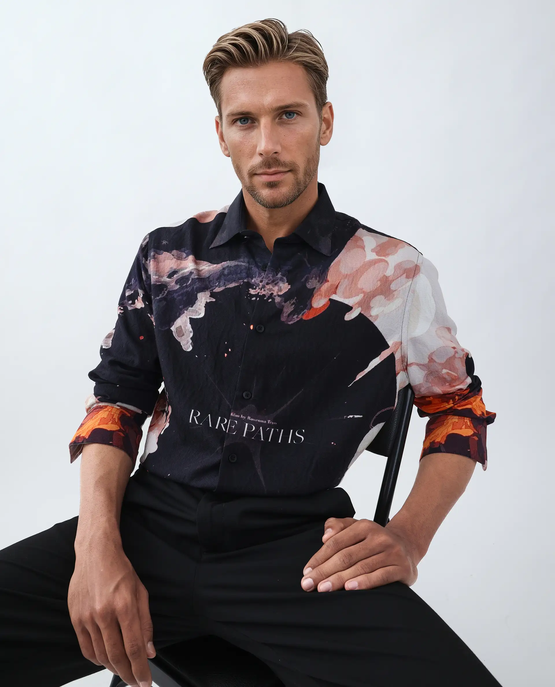 Rare Rabbit Men's Leko Black Viscose Art Deco Print Regular Fit Full Sleeve Collared Shirt - Image 7