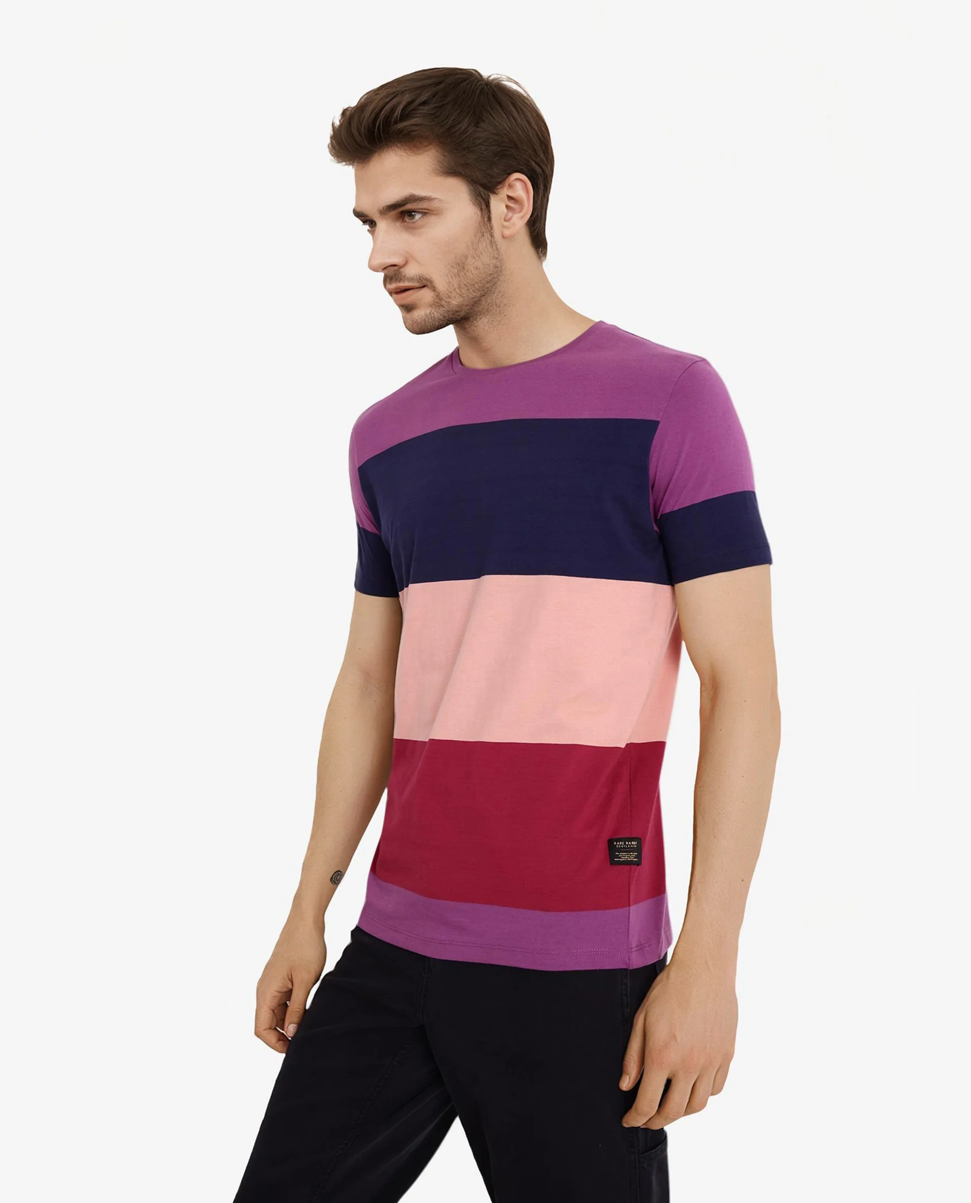 Rare Rabbit Men's Lemar Purple Cotton Ombre Slim Fit Half Sleeve Crew Neck T-Shirt - Image 3