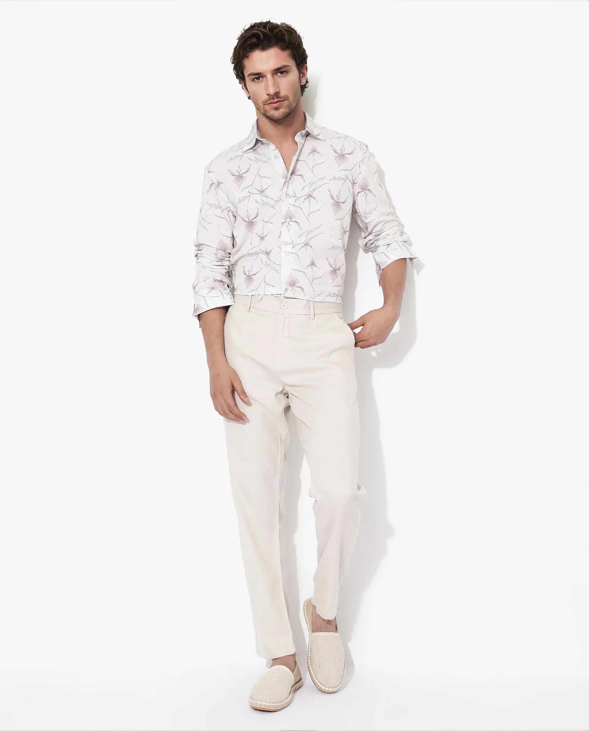 Rare Rabbit Men's Len Beige Cotton Floral Print Regular Fit Full Sleeve Collared Shirt - Image 2