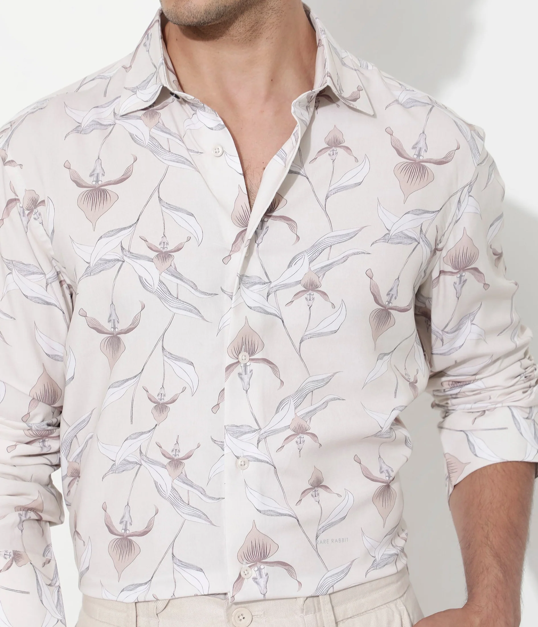 Rare Rabbit Men's Len Beige Cotton Floral Print Regular Fit Full Sleeve Collared Shirt - Image 5