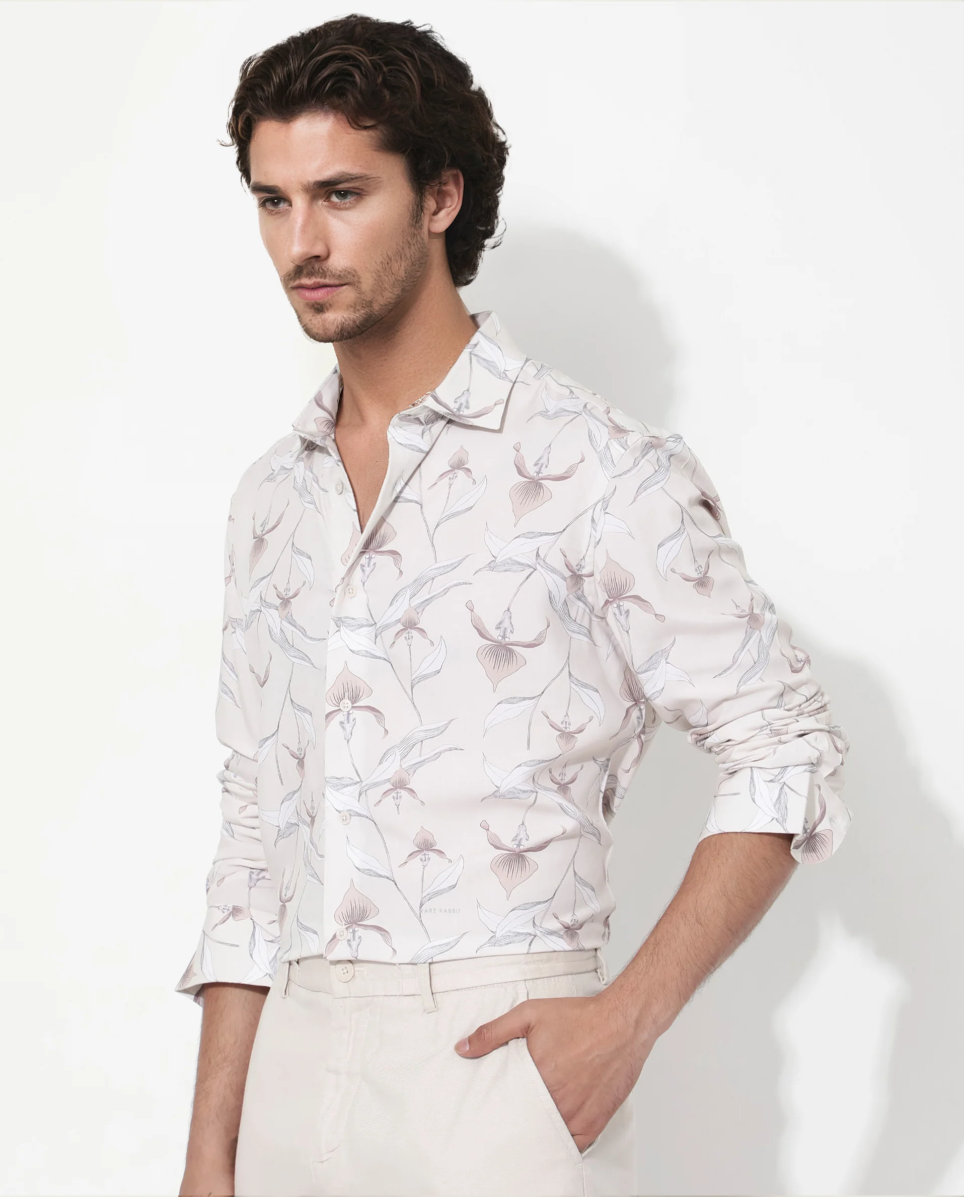 Rare Rabbit Men's Len Beige Cotton Floral Print Regular Fit Full Sleeve Collared Shirt - Image 6