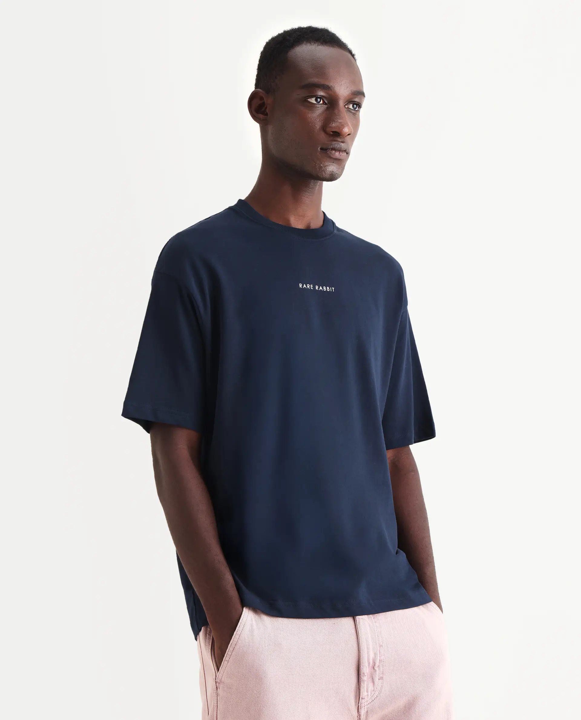 Rare Rabbit Men's Len Navy Cotton Blend Typography Print Oversized Fit Half Sleeve Crew Neck T-Shirt - Image 4