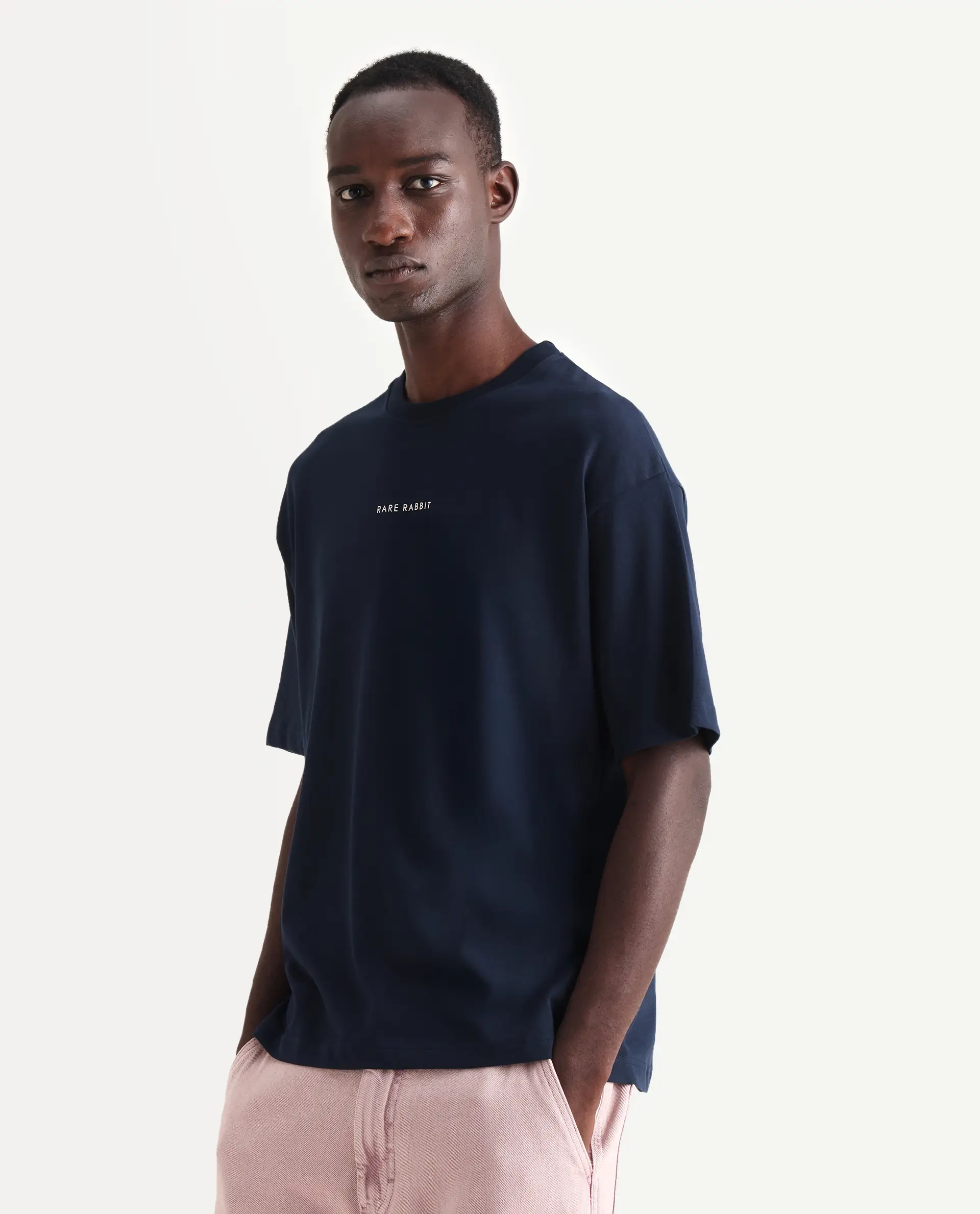 Rare Rabbit Men's Len Navy Cotton Blend Typography Print Oversized Fit Half Sleeve Crew Neck T-Shirt - Image 5