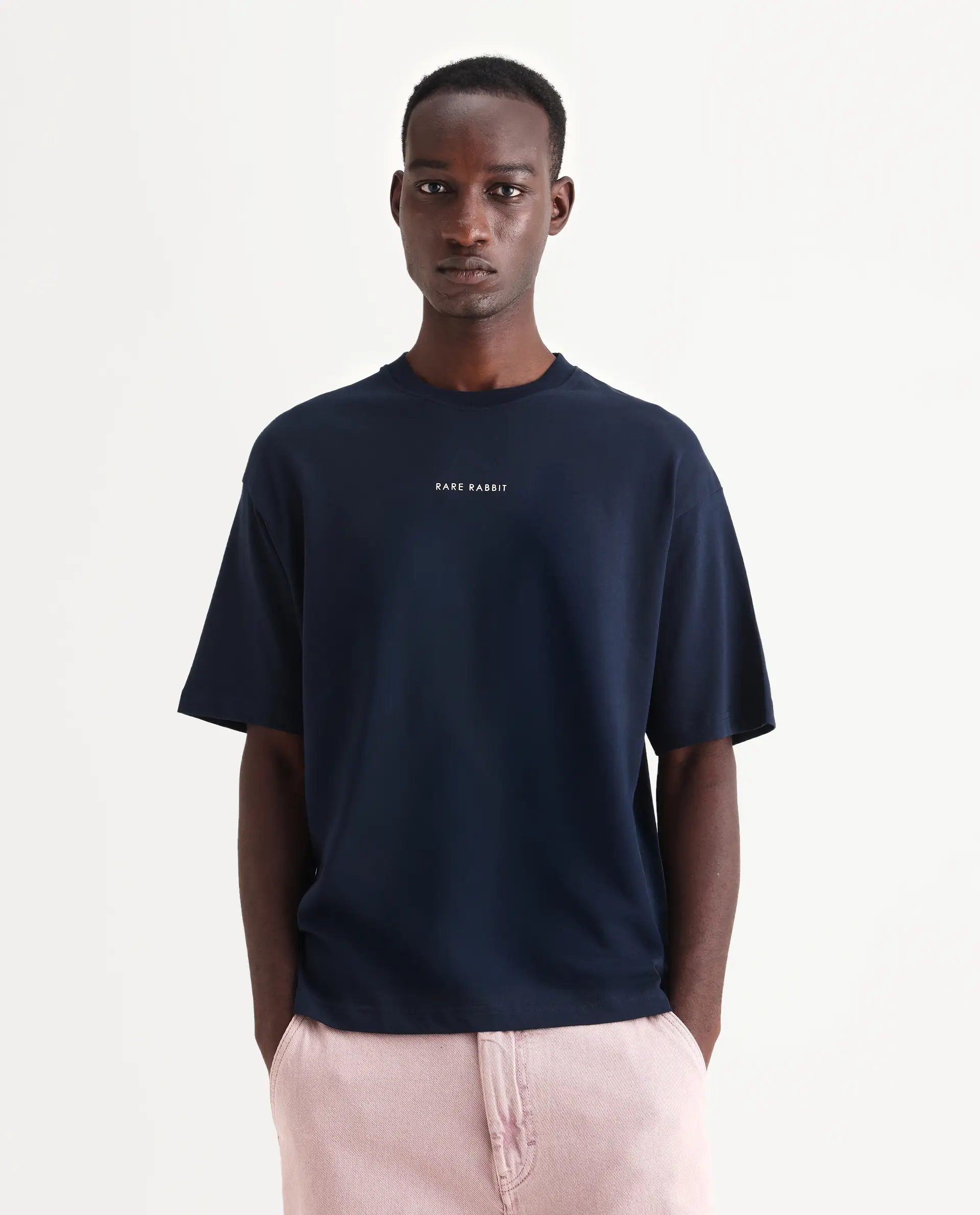 Rare Rabbit Men's Len Navy Cotton Blend Typography Print Oversized Fit Half Sleeve Crew Neck T-Shirt - Image 6