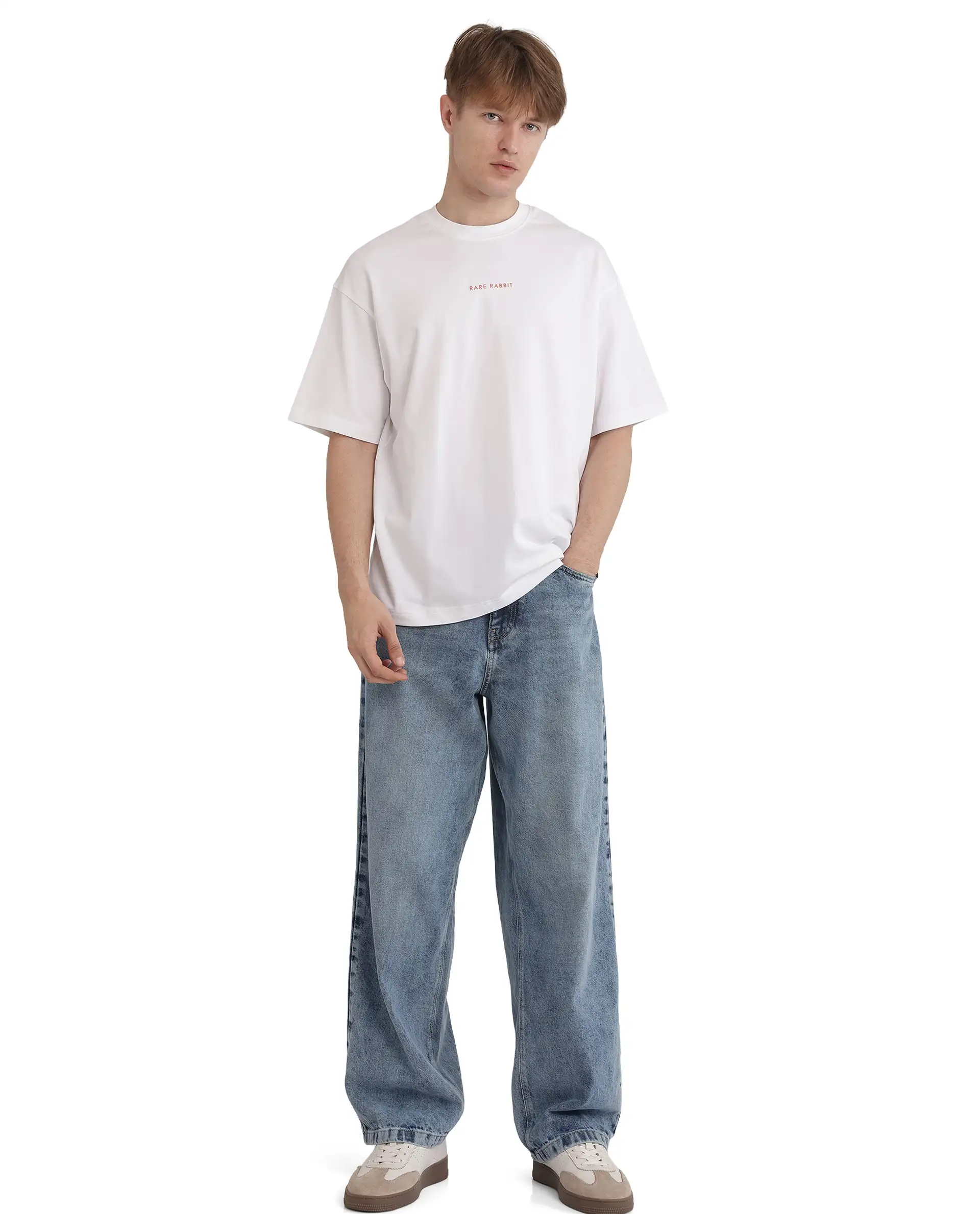 Rare Rabbit Men's Len White Cotton Blend Typography Print Oversized Fit Half Sleeve Crew Neck T-Shirt - Image 2