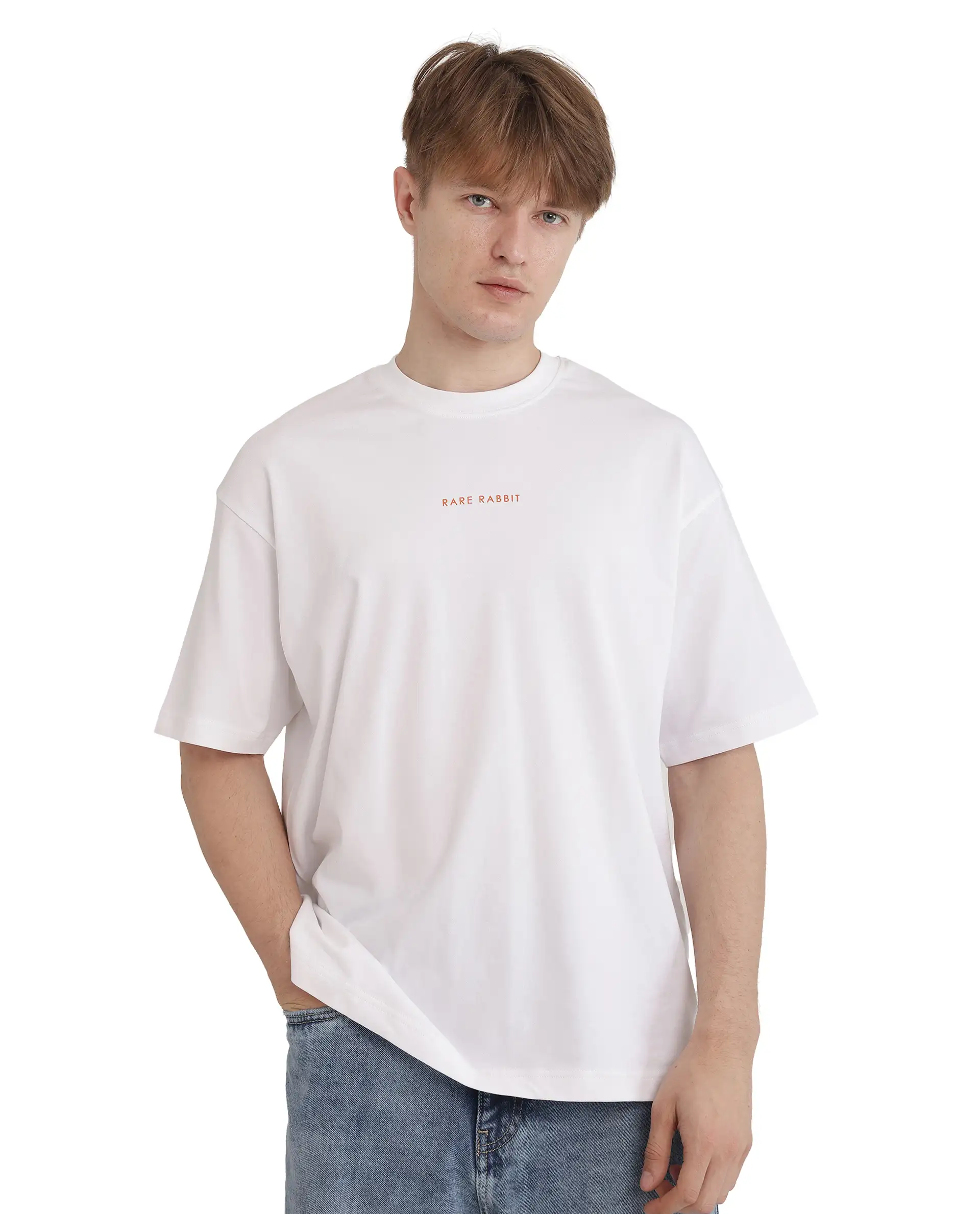 Rare Rabbit Men's Len White Cotton Blend Typography Print Oversized Fit Half Sleeve Crew Neck T-Shirt - Image 5