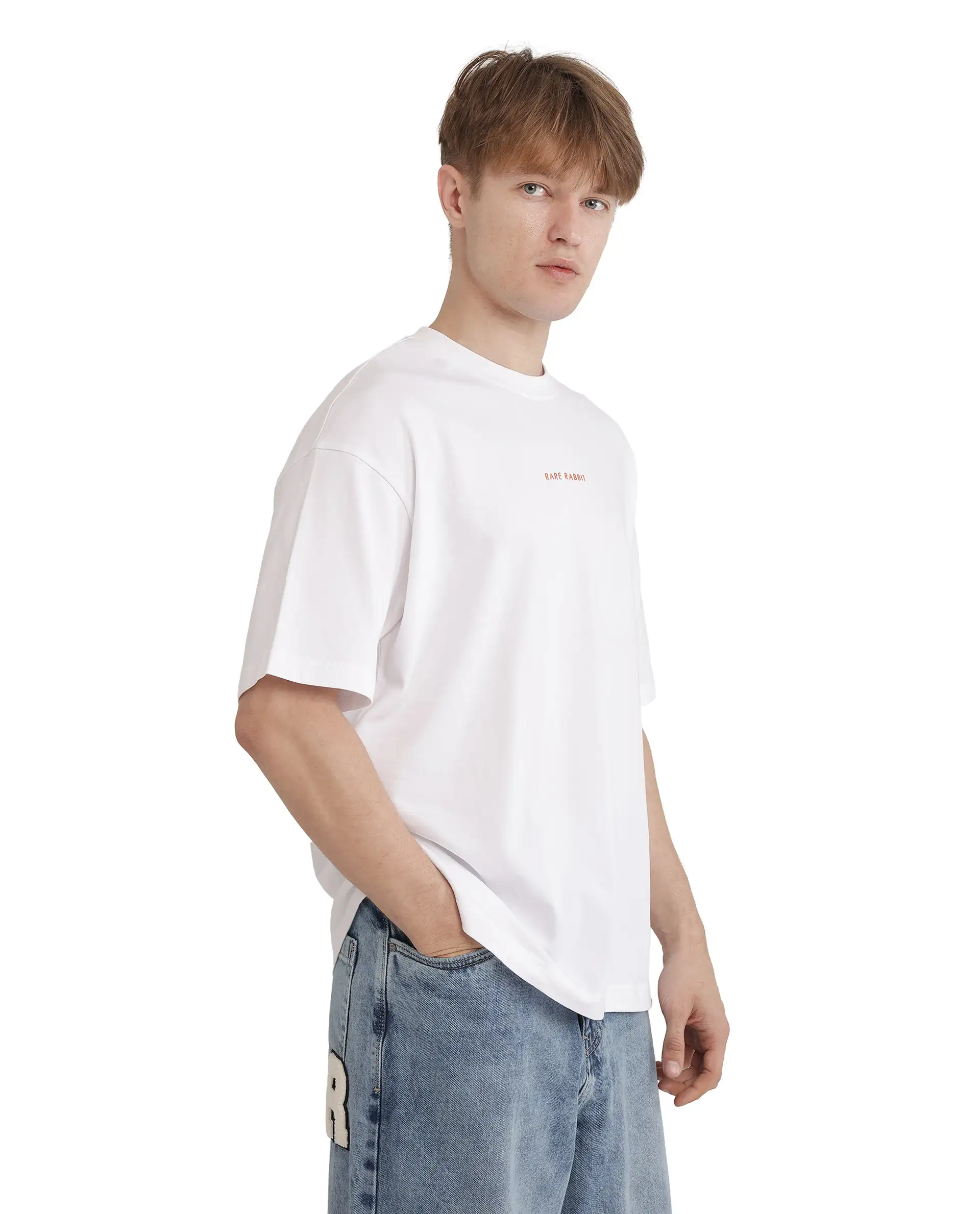 Rare Rabbit Men's Len White Cotton Blend Typography Print Oversized Fit Half Sleeve Crew Neck T-Shirt - Image 6