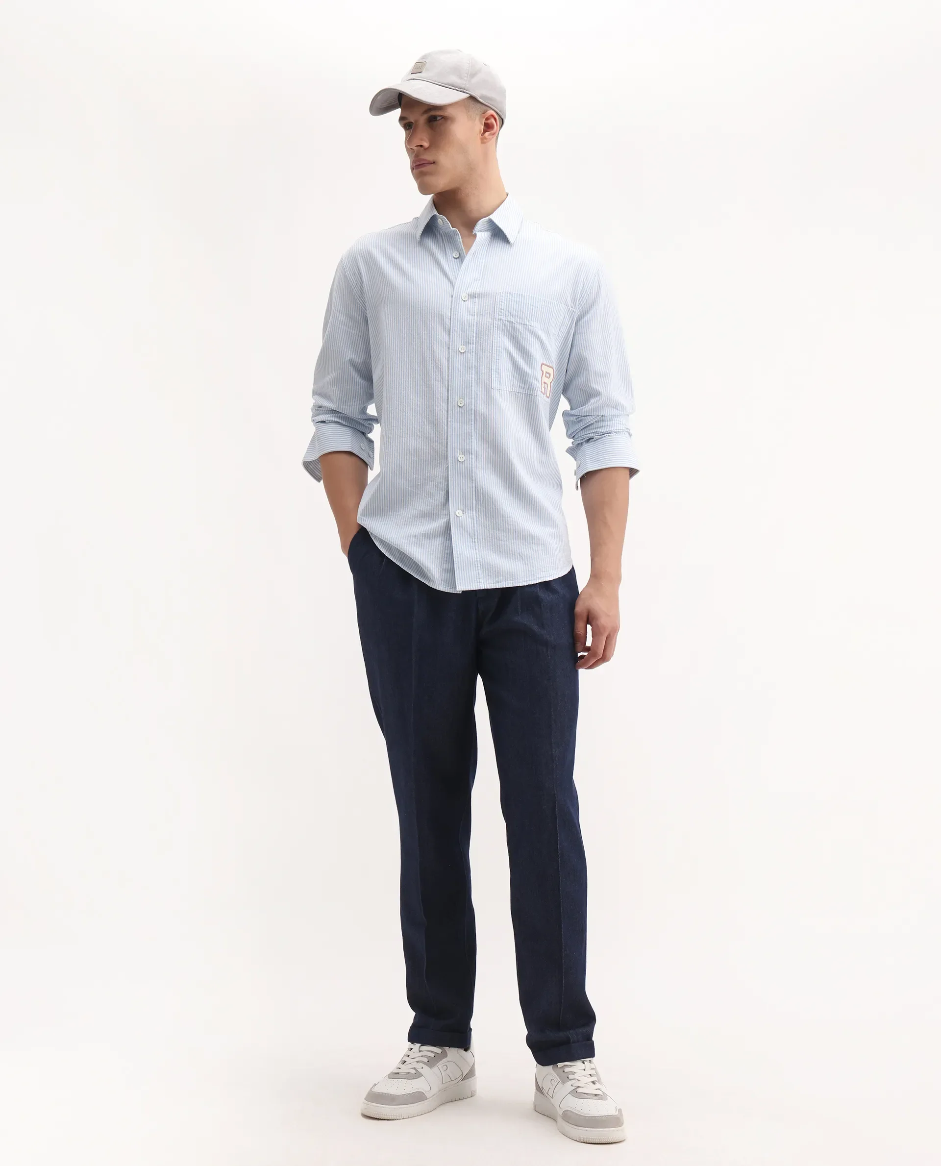 Rare Rabbit Men's Leni Blue Cotton Blend Plain Baggy Fit Gurkha Trouser