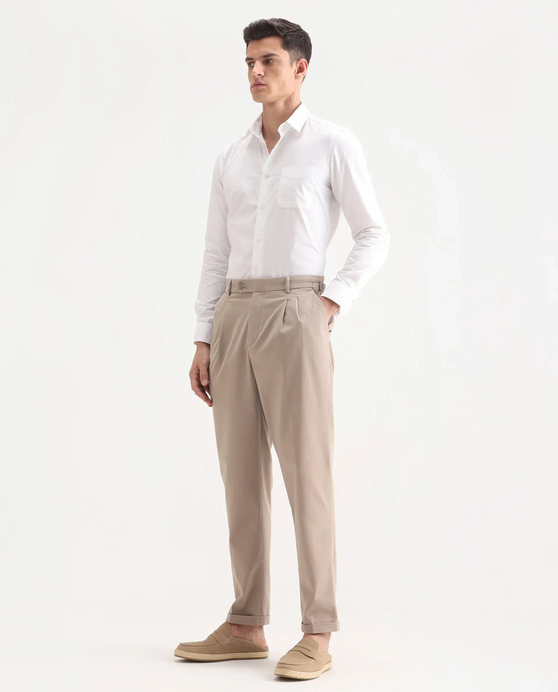 Rare Rabbit Men's Leni Dark Beige Cotton Blend Plain Regular Fit Gurkha Trouser - Image 5