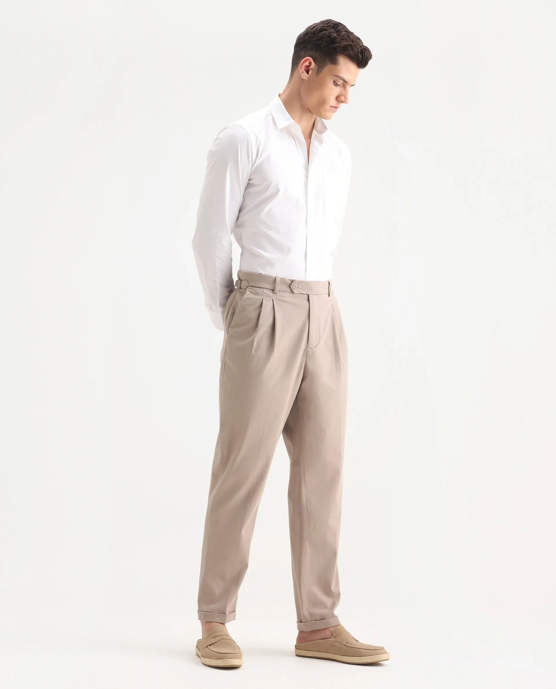 Rare Rabbit Men's Leni Dark Beige Cotton Blend Plain Regular Fit Gurkha Trouser - Image 7