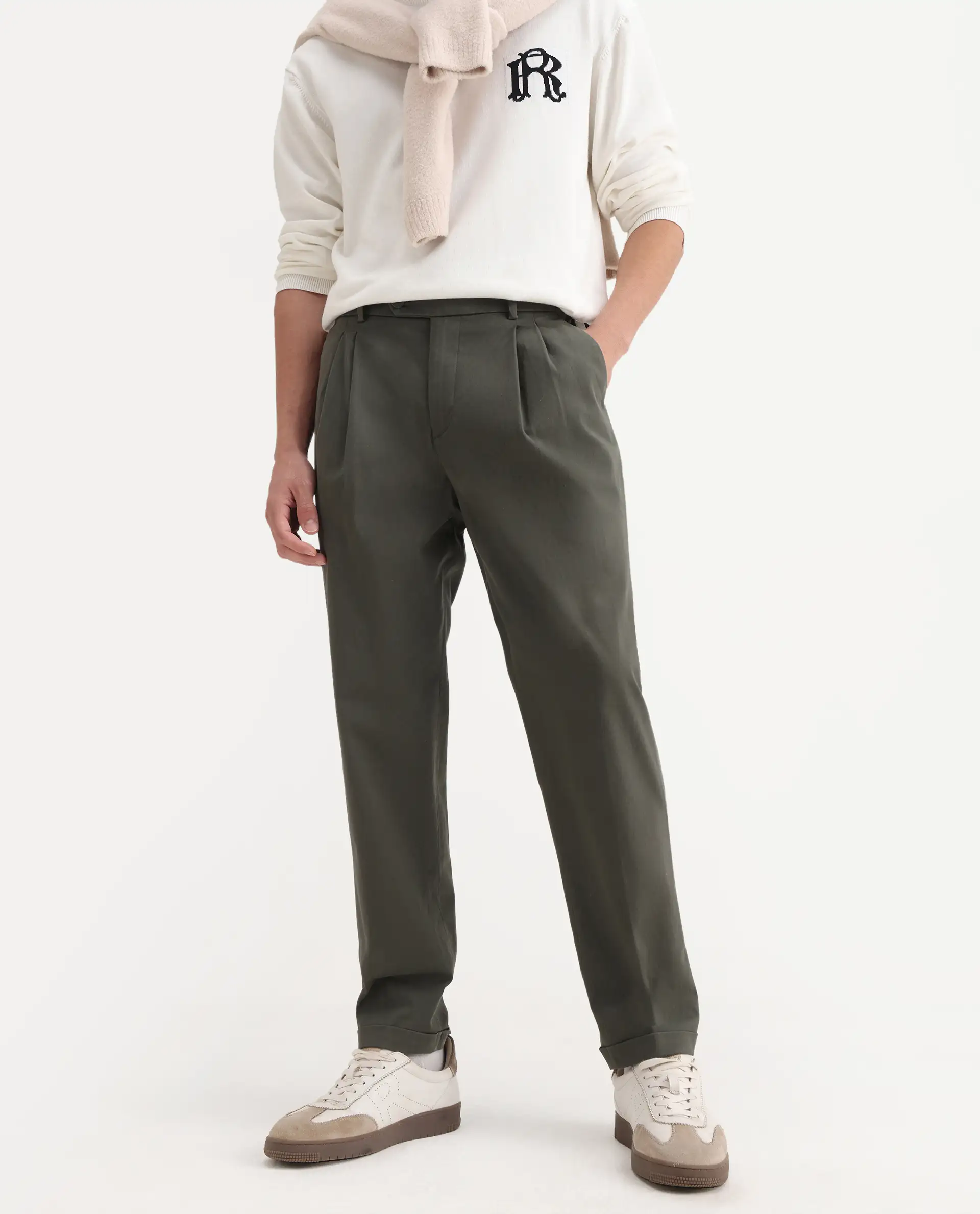 Rare Rabbit Men's Leni Olive Cotton Blend Plain Baggy Fit Gurkha  Trouser - Image 2
