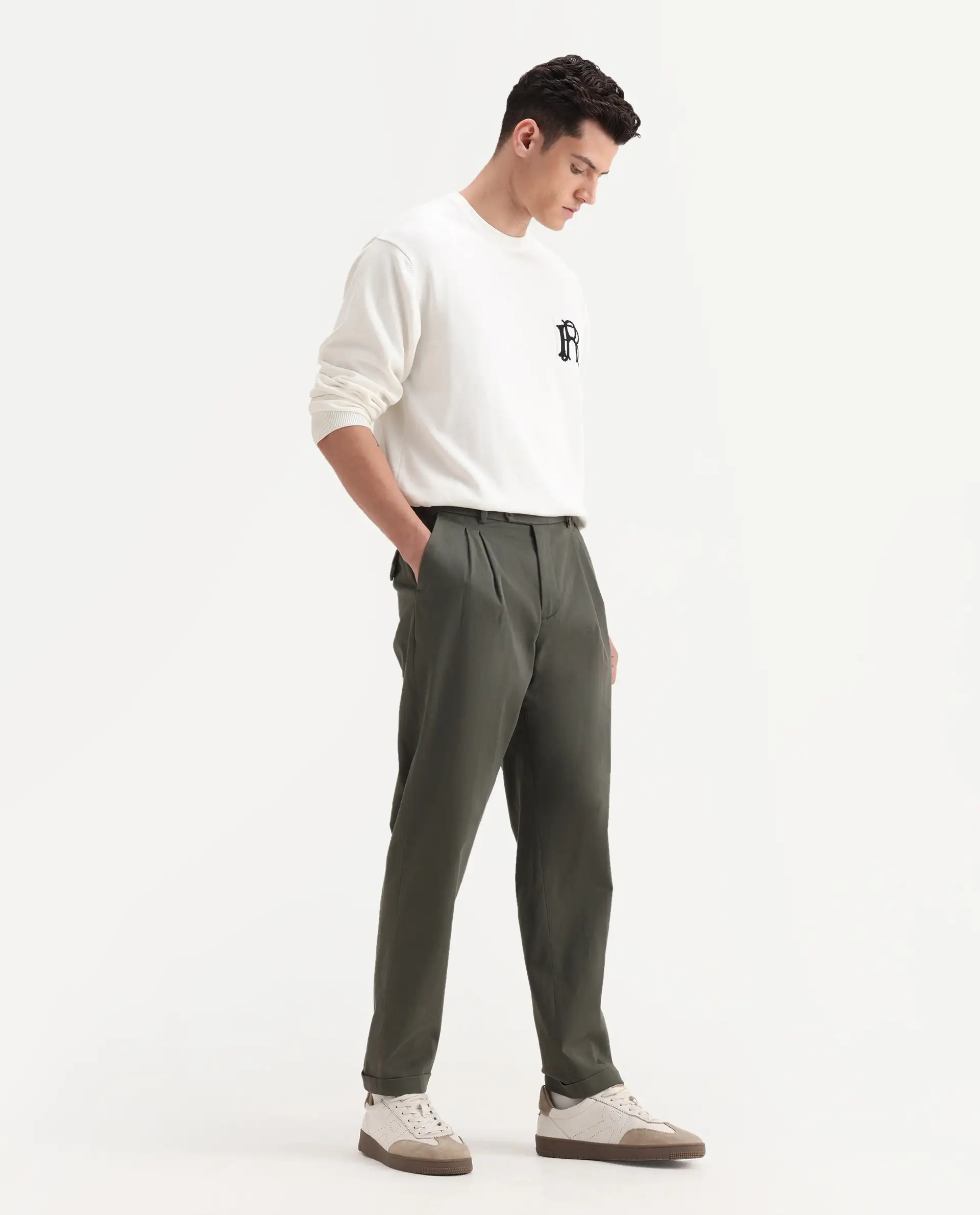 Rare Rabbit Men's Leni Olive Cotton Blend Plain Baggy Fit Gurkha  Trouser - Image 4