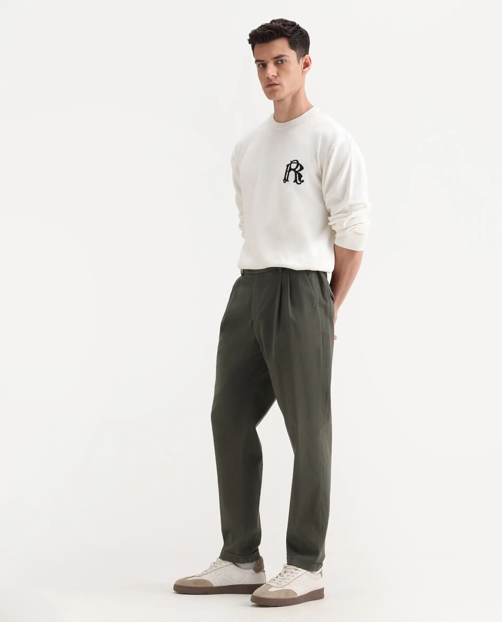 Rare Rabbit Men's Leni Olive Cotton Blend Plain Baggy Fit Gurkha  Trouser - Image 5