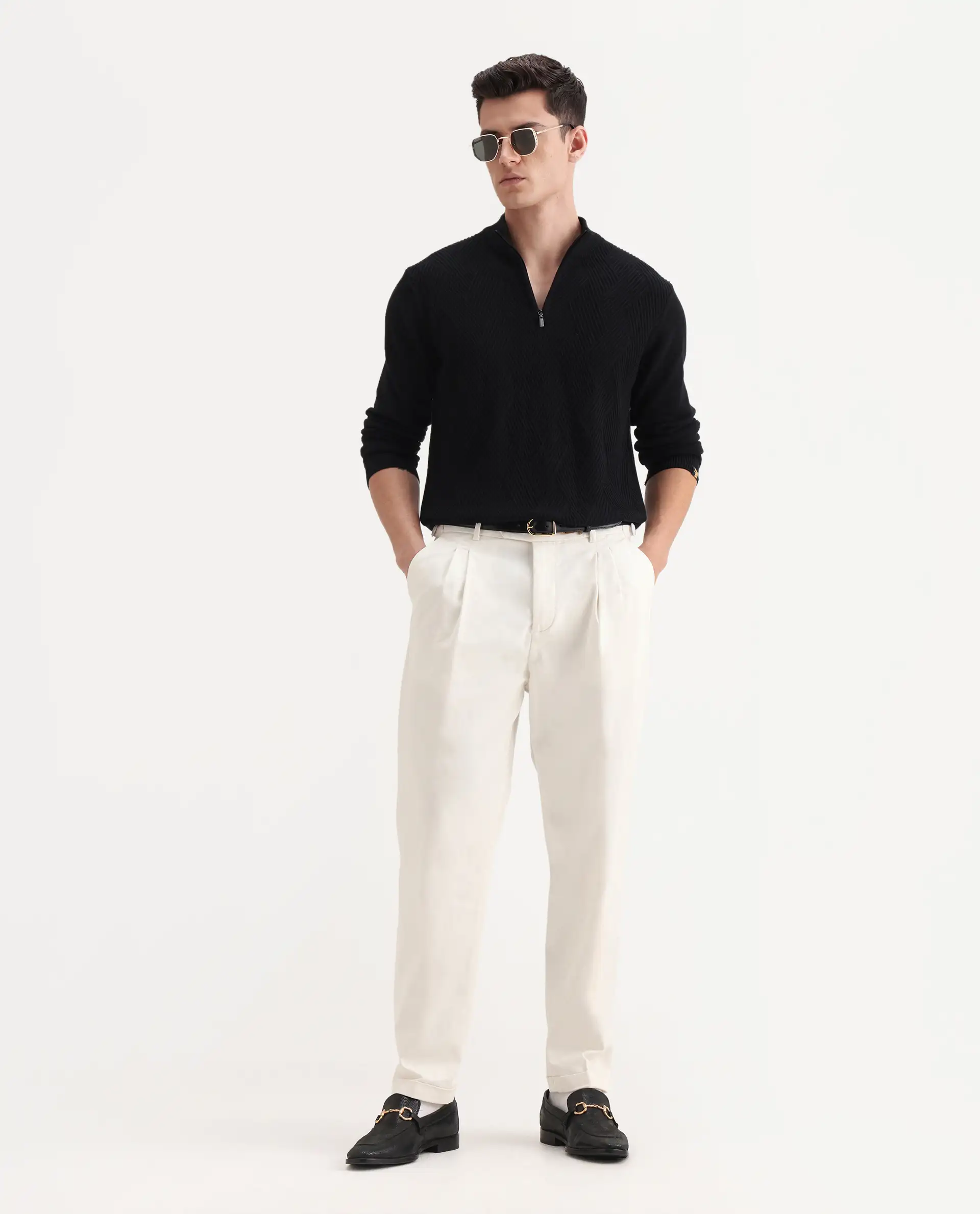 Rare Rabbit Men's Leni White Cotton Blend Plain Baggy Fit Gurkha Trouser