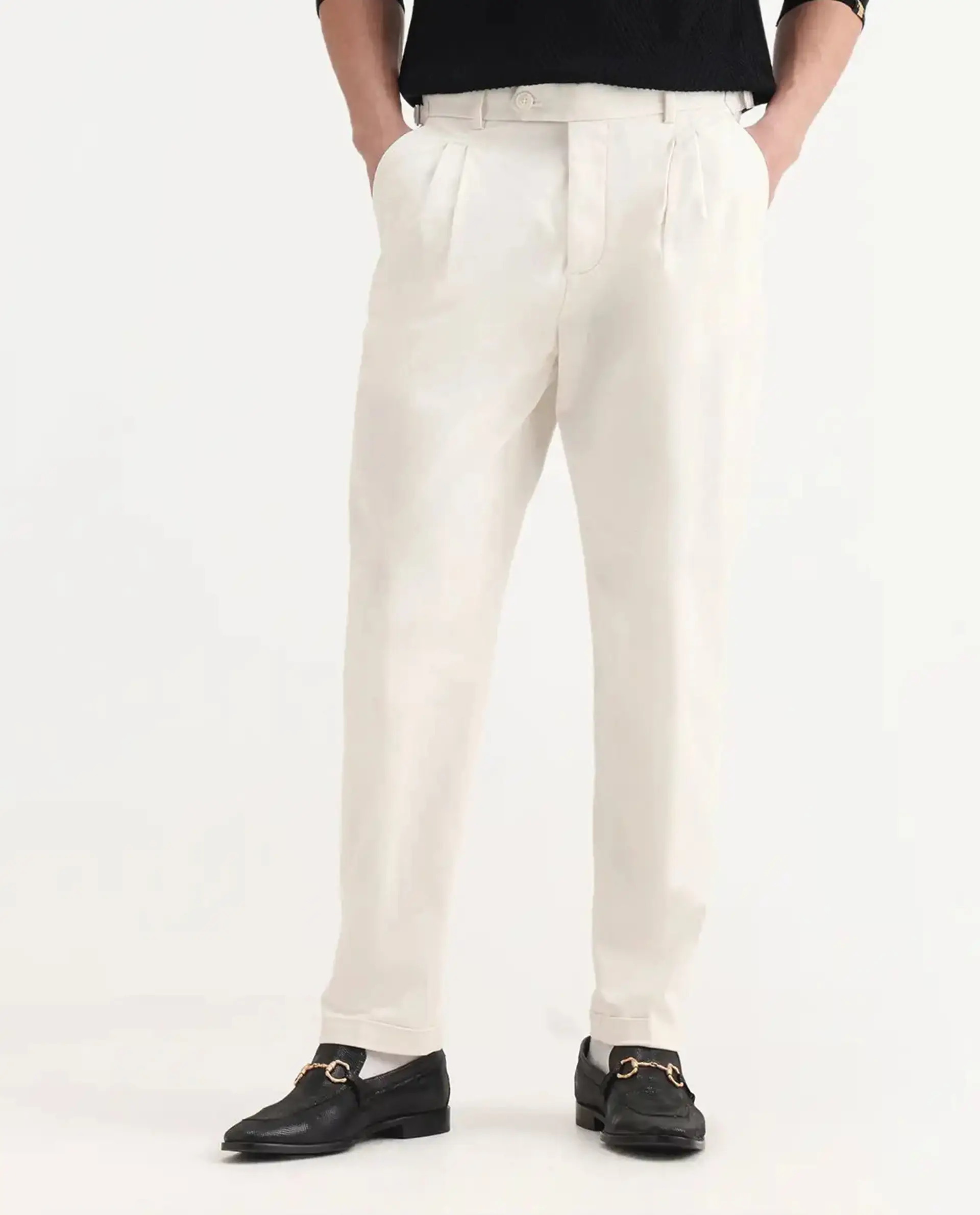 Rare Rabbit Men's Leni White Cotton Blend Plain Baggy Fit Gurkha Trouser - Image 9