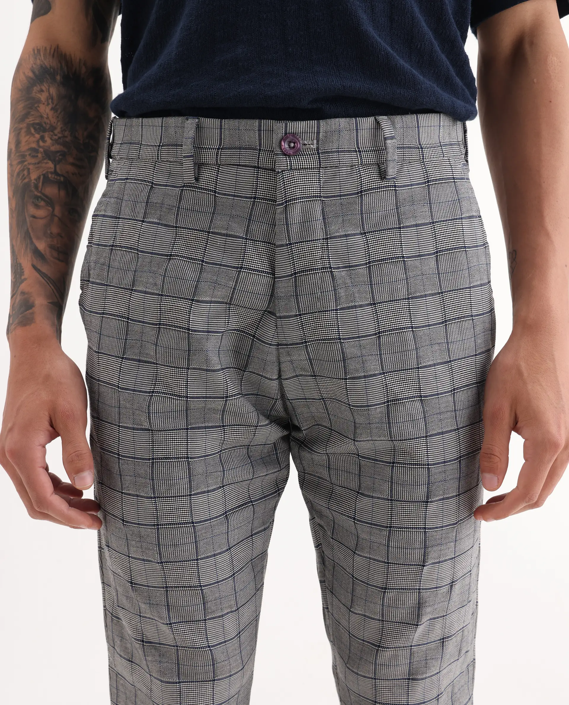 Rare Rabbit Men's Lenid Grey Polyester Checked Print Regular Fit Trouser - Image 3