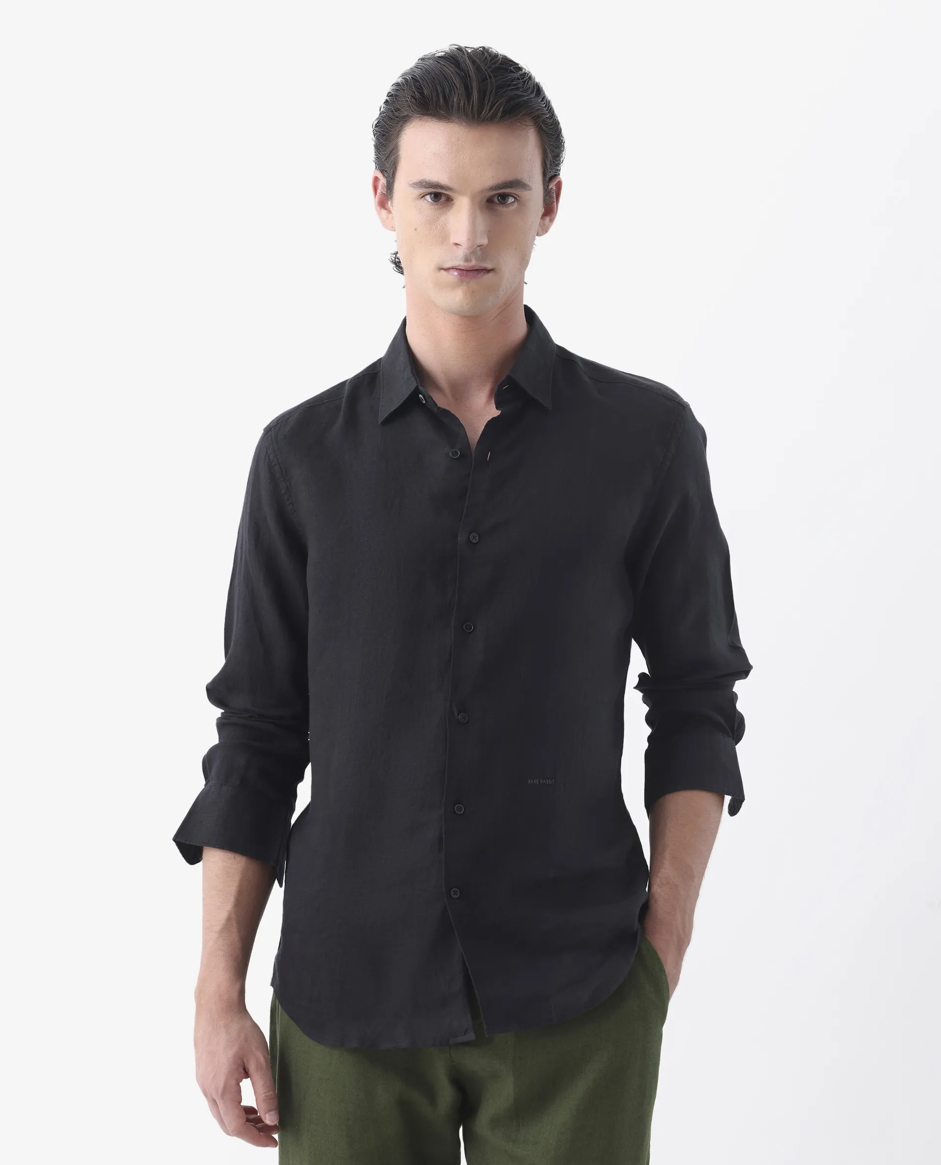 Rare Rabbit Men's Lenin Black 100% Linen Plain Regular Fit Full Sleeve Collared Shirt