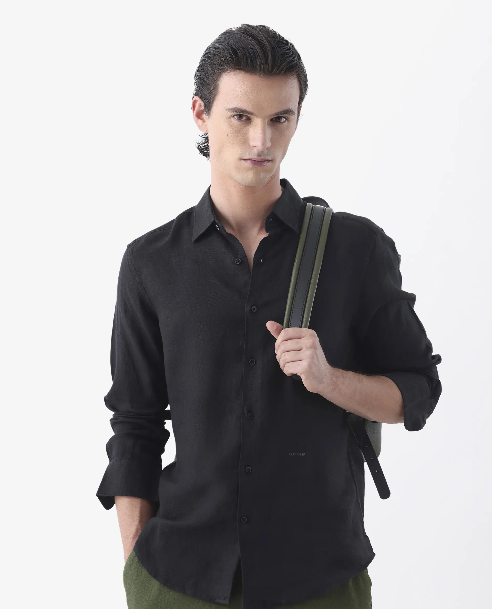 Rare Rabbit Men's Lenin Black 100% Linen Plain Regular Fit Full Sleeve Collared Shirt - Image 2