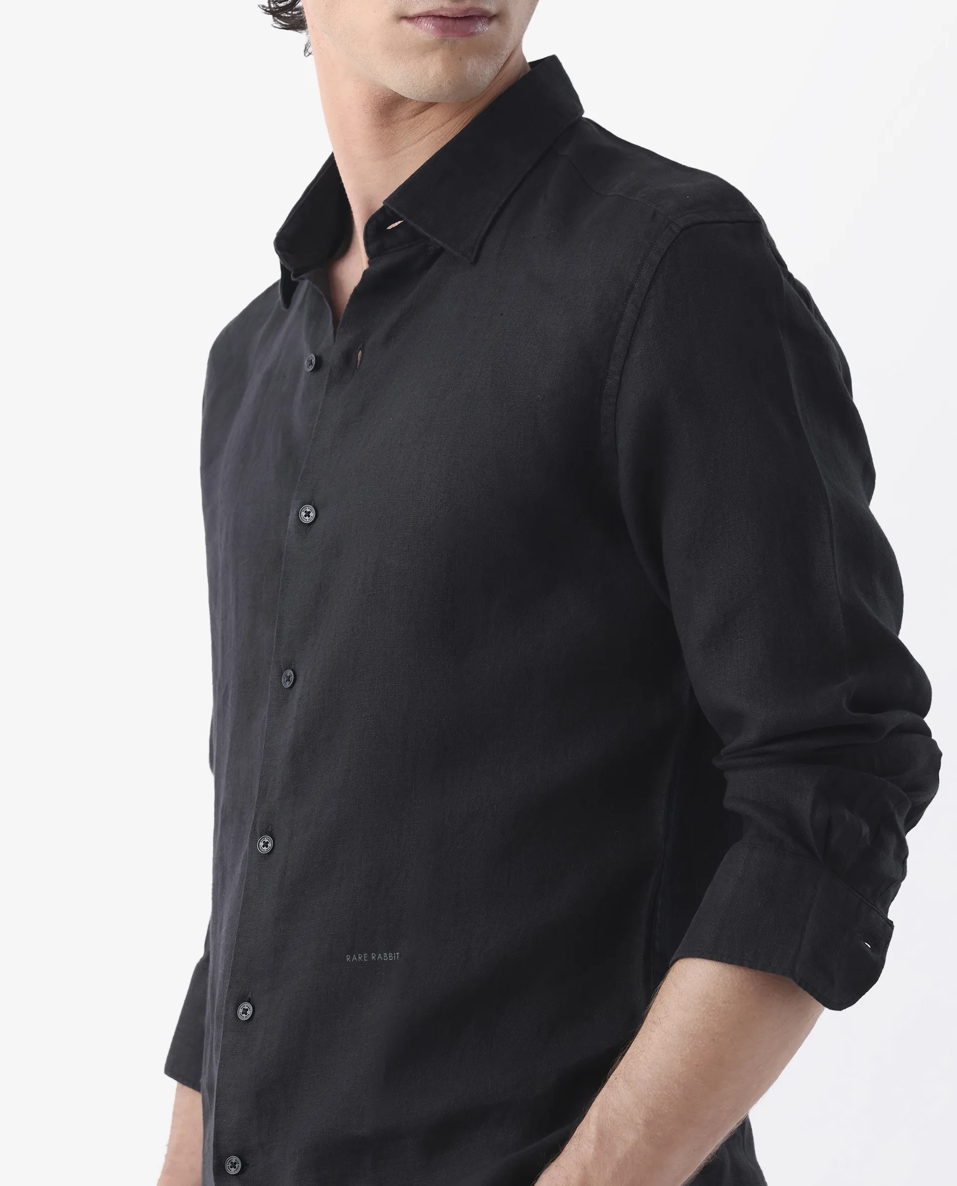 Rare Rabbit Men's Lenin Black 100% Linen Plain Regular Fit Full Sleeve Collared Shirt - Image 3