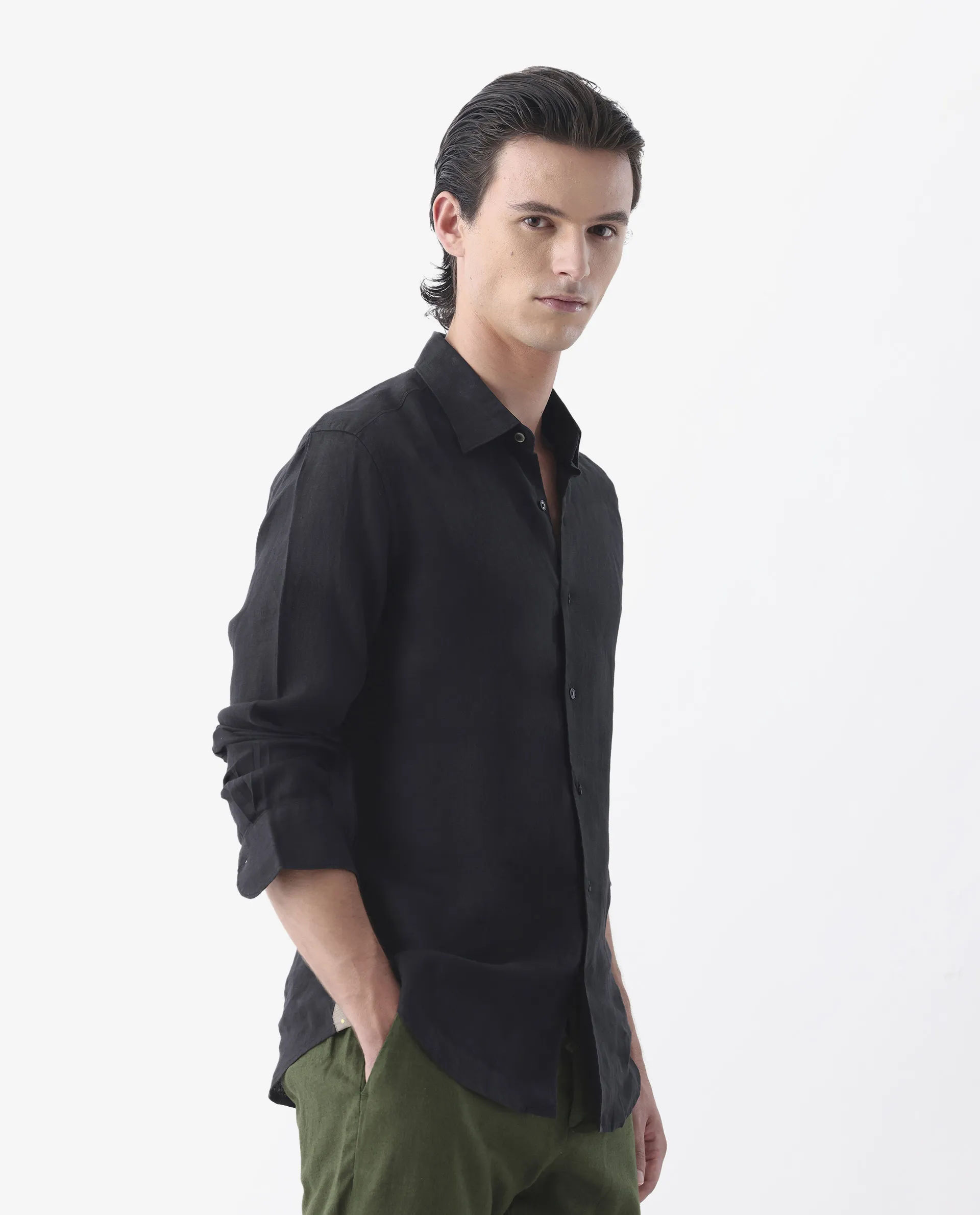 Rare Rabbit Men's Lenin Black 100% Linen Plain Regular Fit Full Sleeve Collared Shirt - Image 5