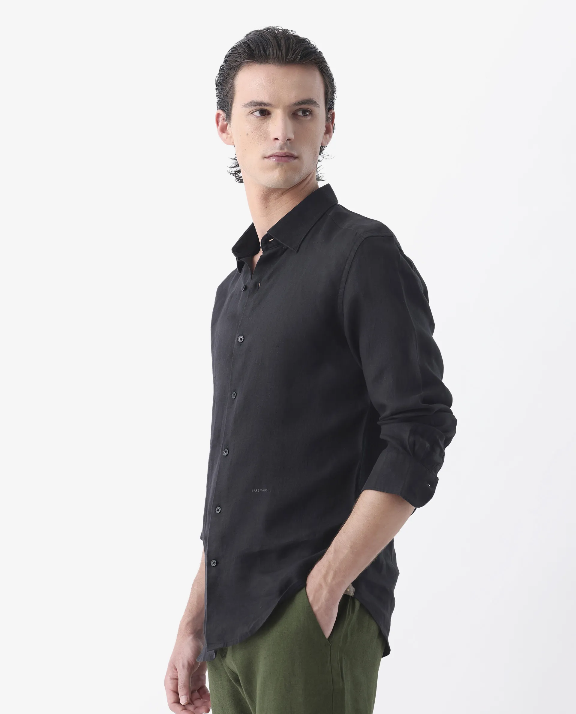 Rare Rabbit Men's Lenin Black 100% Linen Plain Regular Fit Full Sleeve Collared Shirt - Image 6