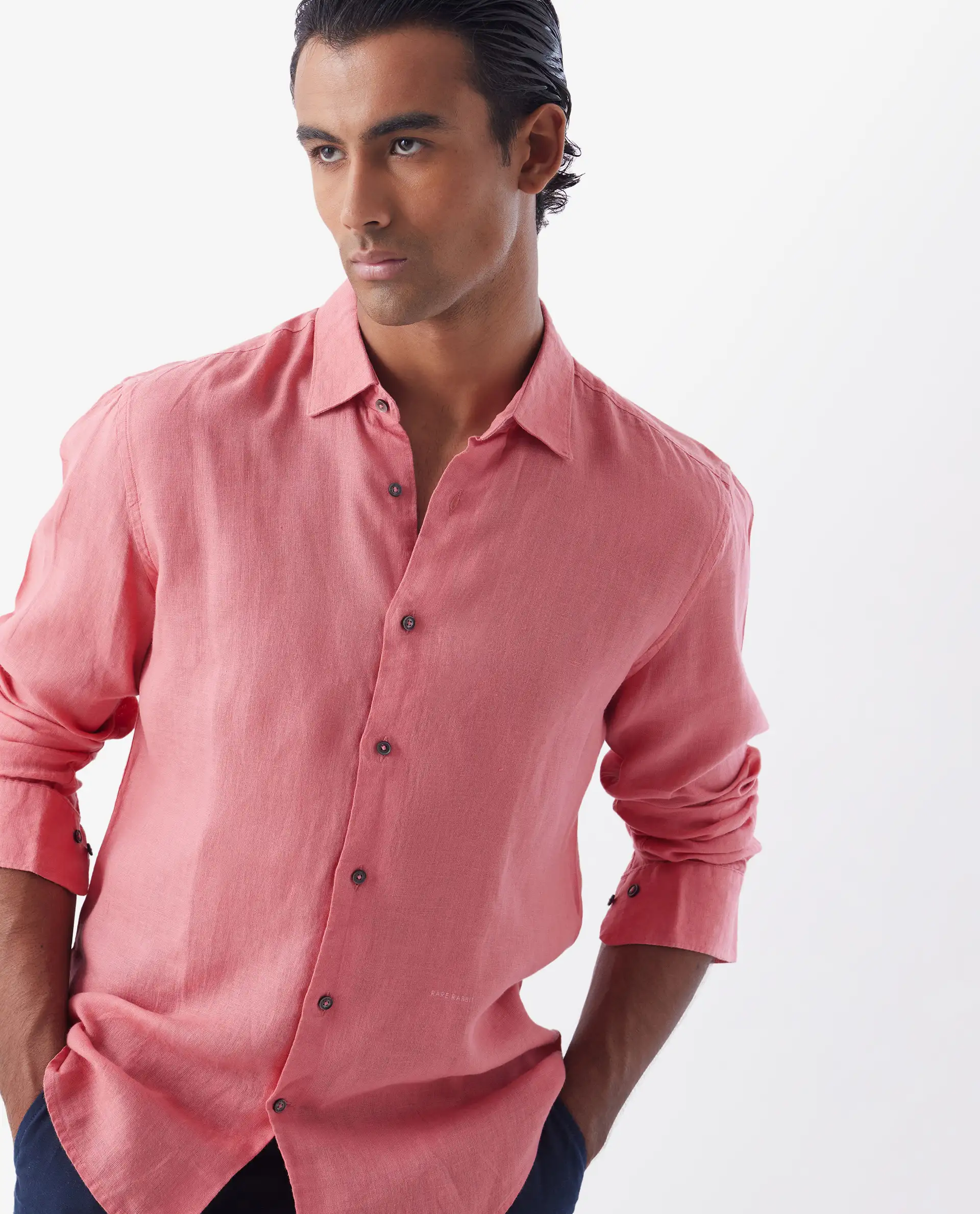 Rare Rabbit Men's Lenin Pink 100% Linen Plain Regular Fit Full Sleeve Spread Collar Shirt