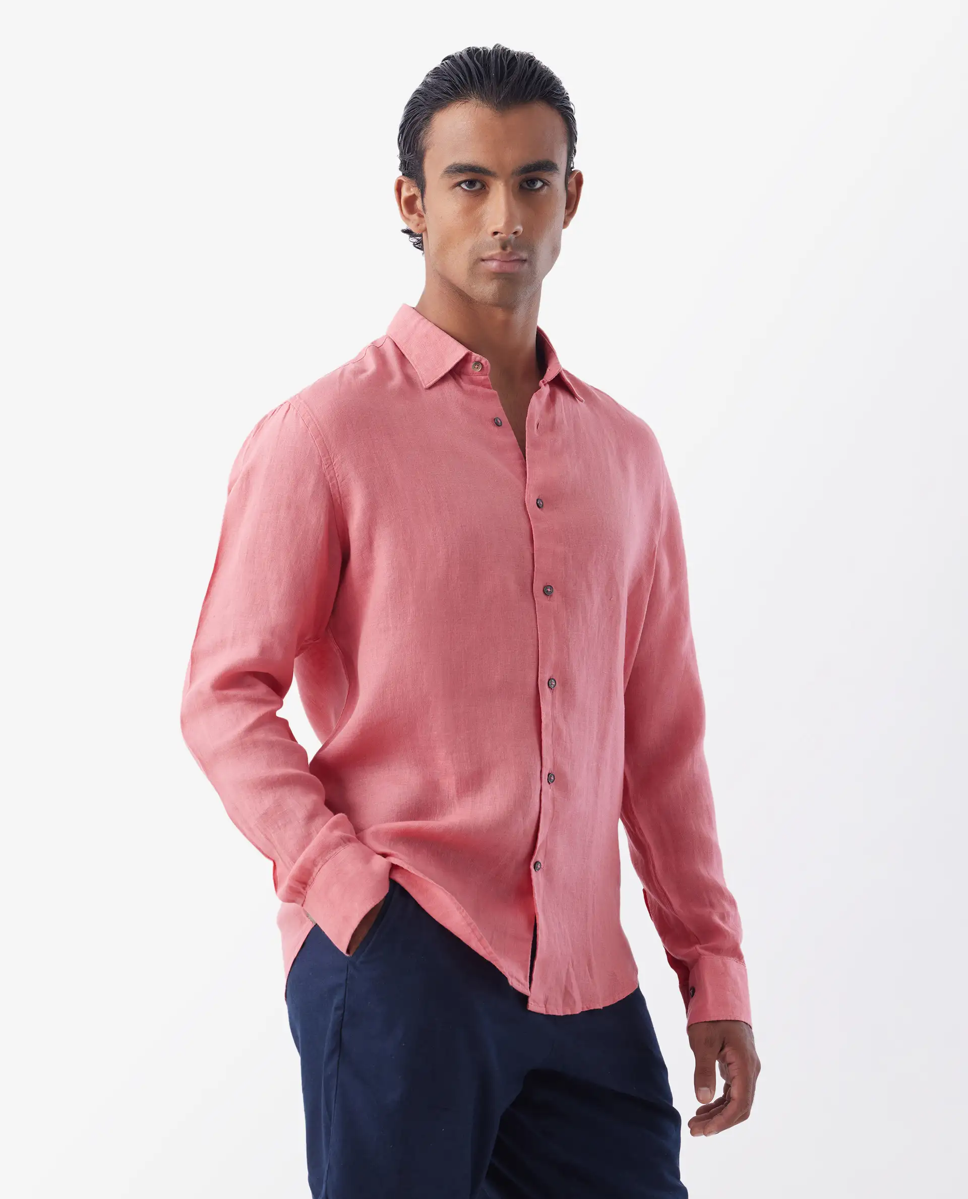 Rare Rabbit Men's Lenin Pink 100% Linen Plain Regular Fit Full Sleeve Spread Collar Shirt - Image 6
