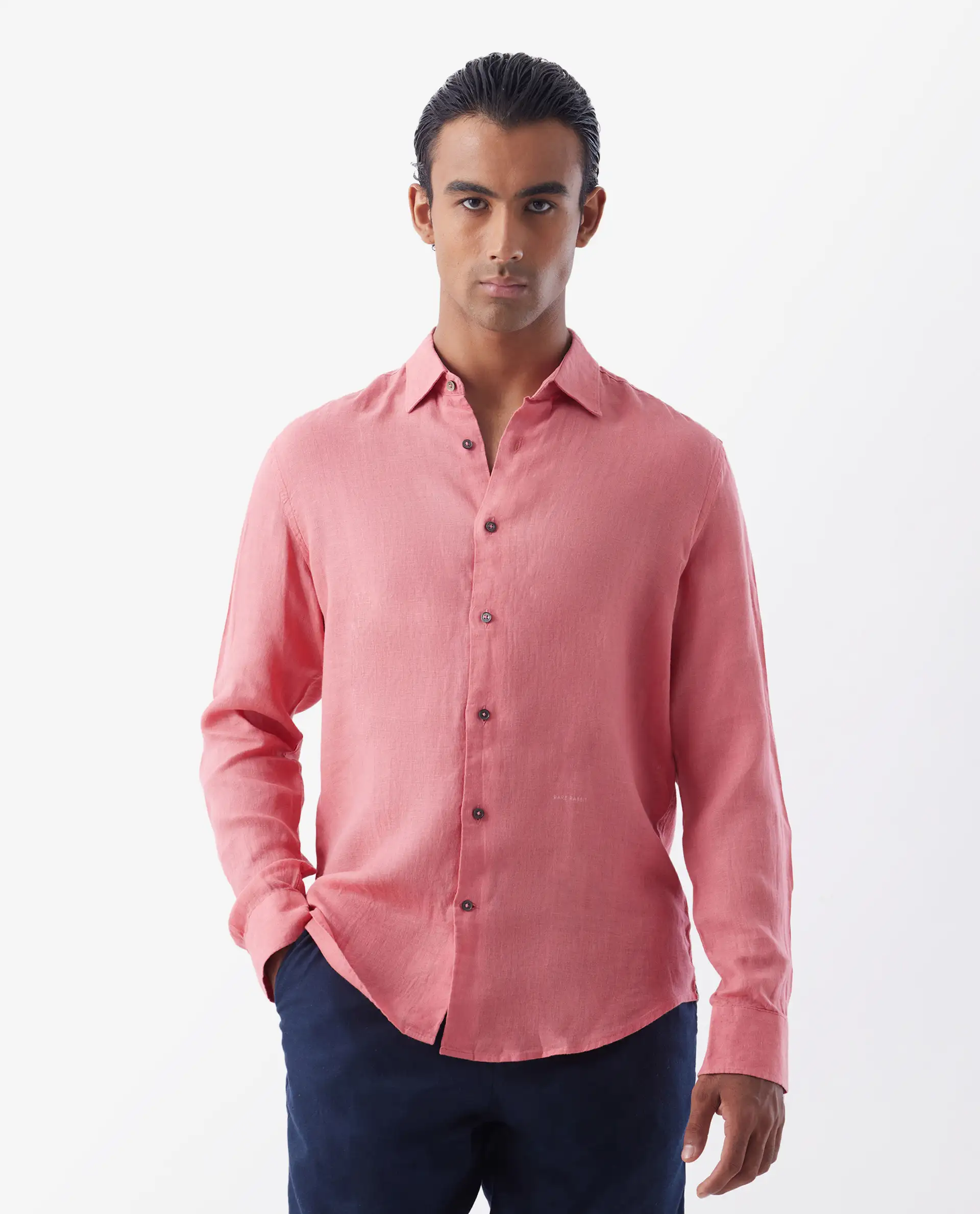 Rare Rabbit Men's Lenin Pink 100% Linen Plain Regular Fit Full Sleeve Spread Collar Shirt - Image 8
