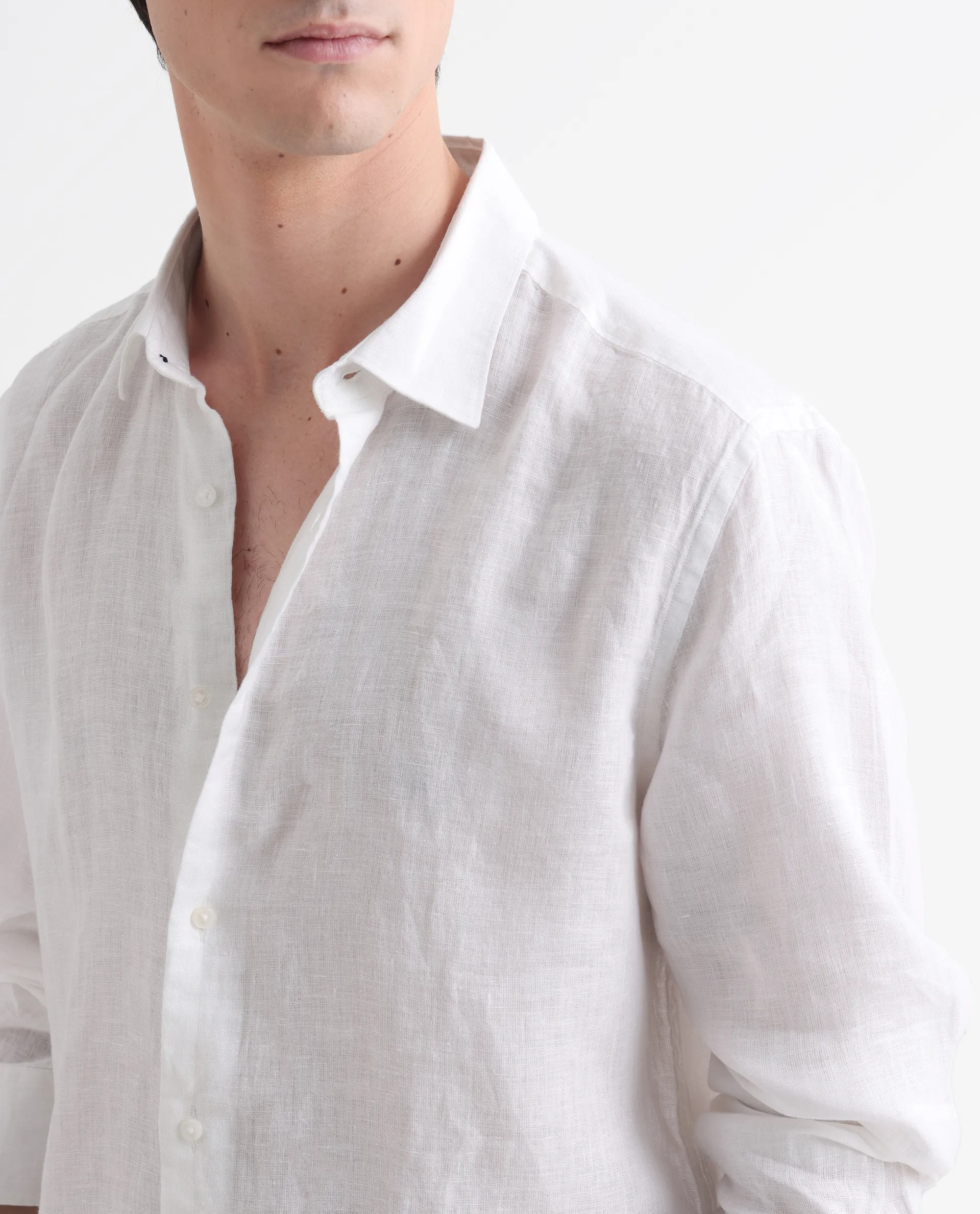 Rare Rabbit Men's Lenin White Linen Plain Regular Fit Full Sleeve Spread Collar Shirt - Image 3