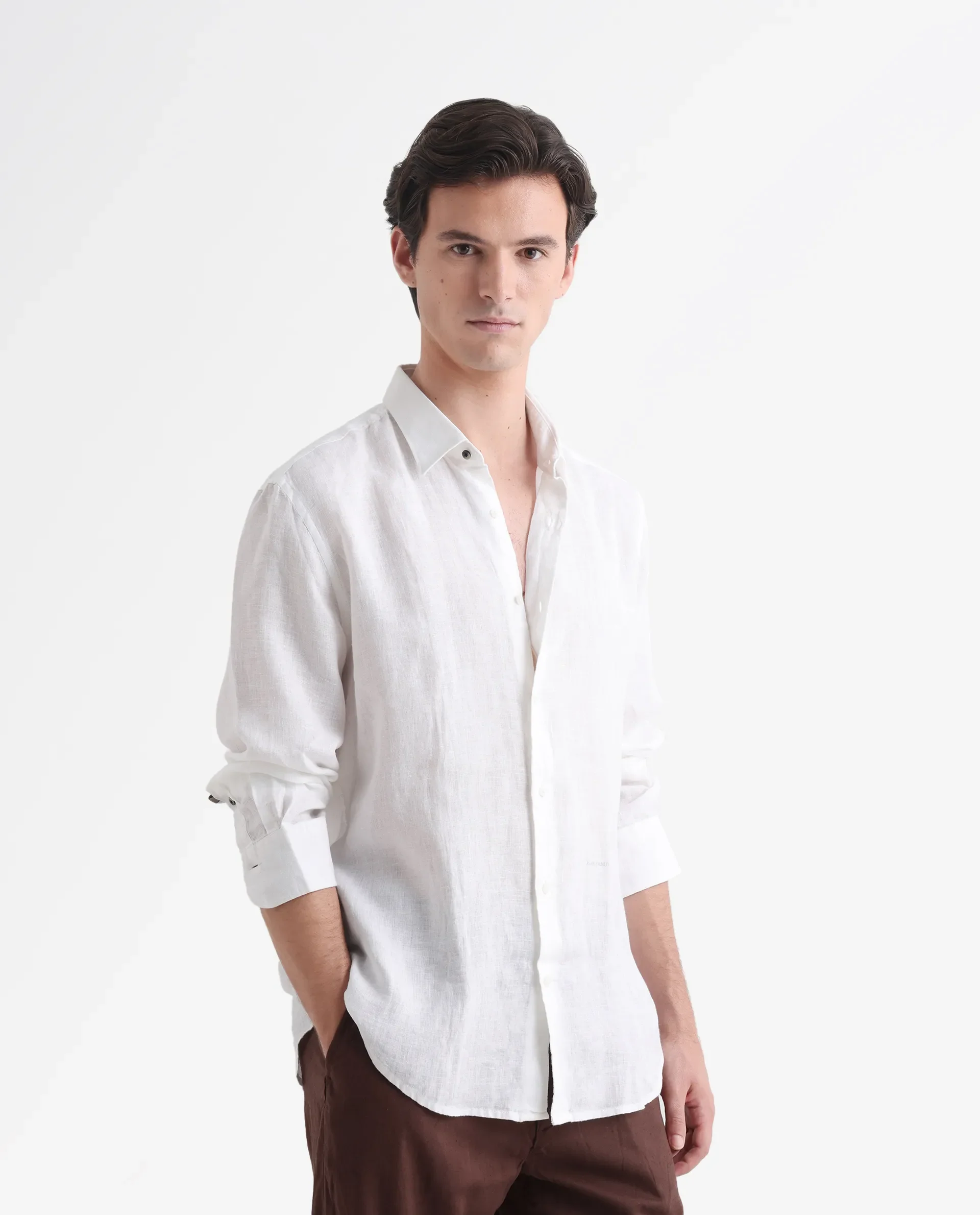 Rare Rabbit Men's Lenin White Linen Plain Regular Fit Full Sleeve Spread Collar Shirt - Image 4