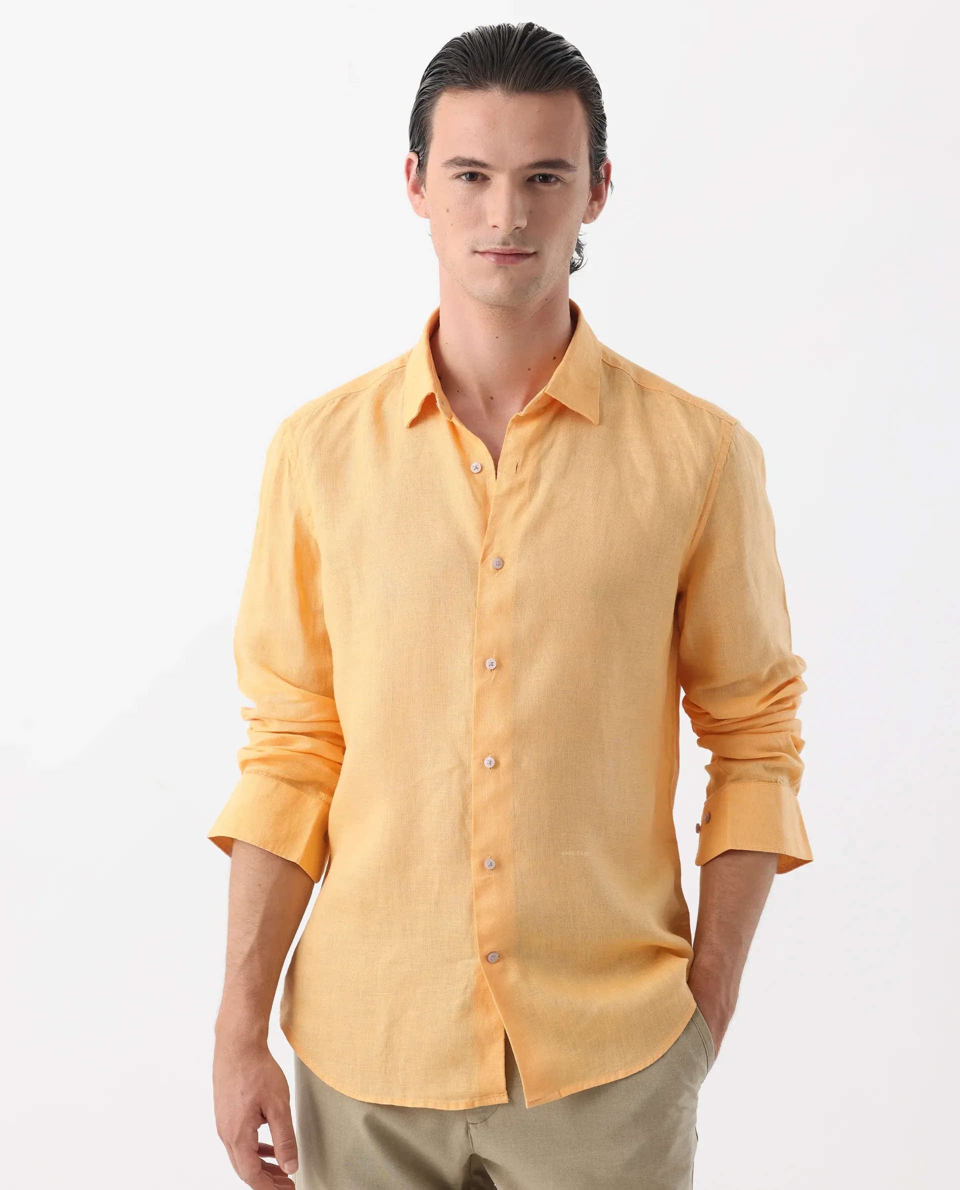 Rare Rabbit Men's Lenin Yellow 100% Linen Plain Regular Fit Full Sleeve Collared Shirt