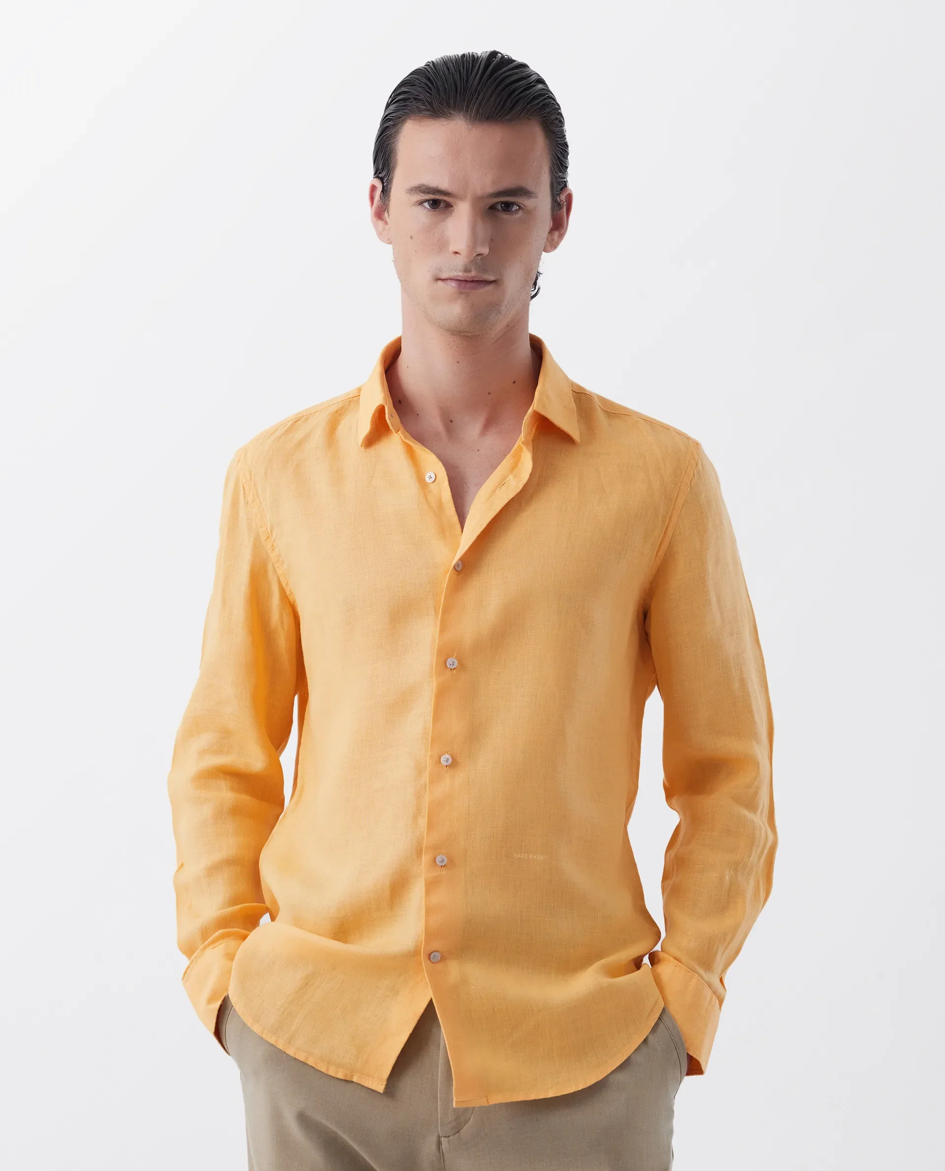 Rare Rabbit Men's Lenin Yellow 100% Linen Plain Regular Fit Full Sleeve Collared Shirt - Image 3