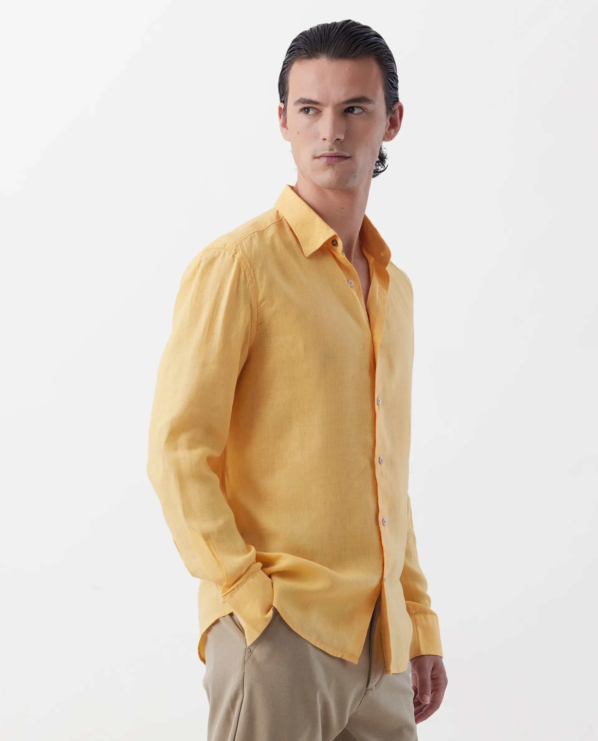 Rare Rabbit Men's Lenin Yellow 100% Linen Plain Regular Fit Full Sleeve Collared Shirt - Image 7