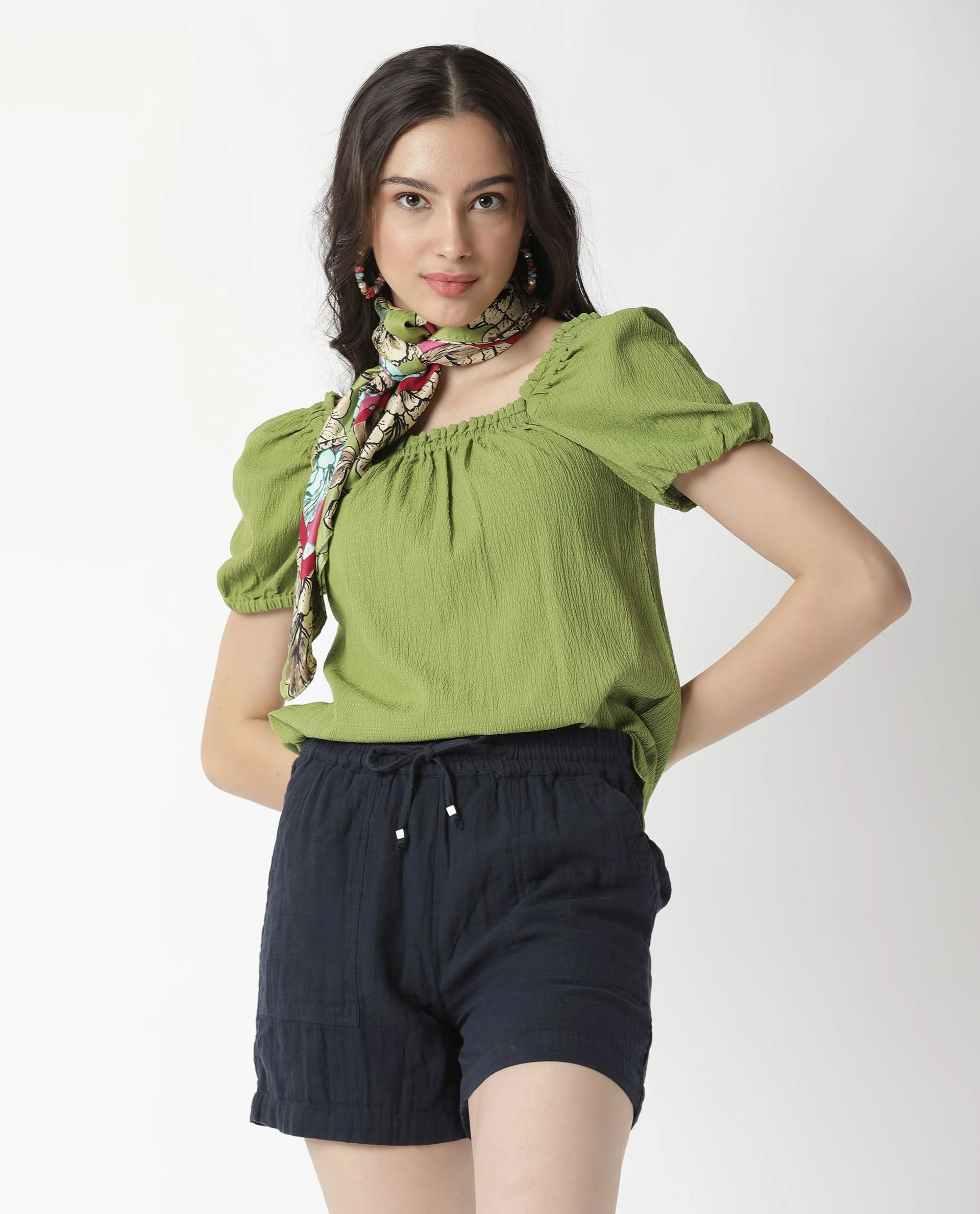 Rareism Women's Leno Navy Cotton Plain Mini Regular Fit Shorts - Image 6