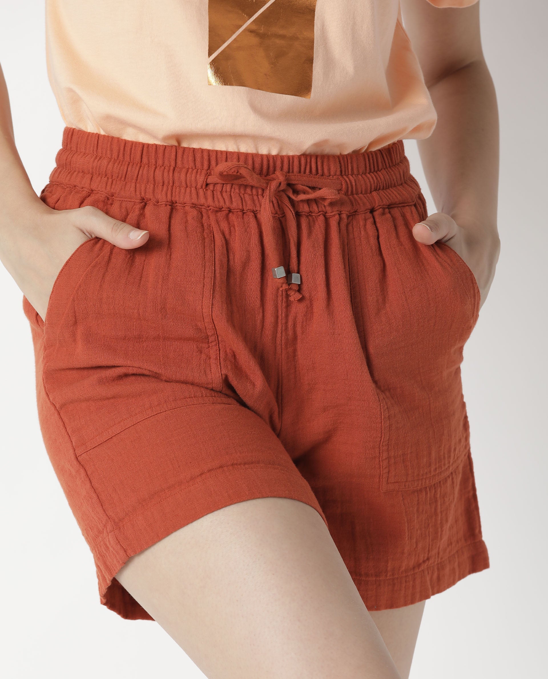 Rareism Womens Leno Rust Shorts Cotton Fabric Regular Fit Draw String Closure High Rise Waist Rise Above Knee/Mid Thigh Length