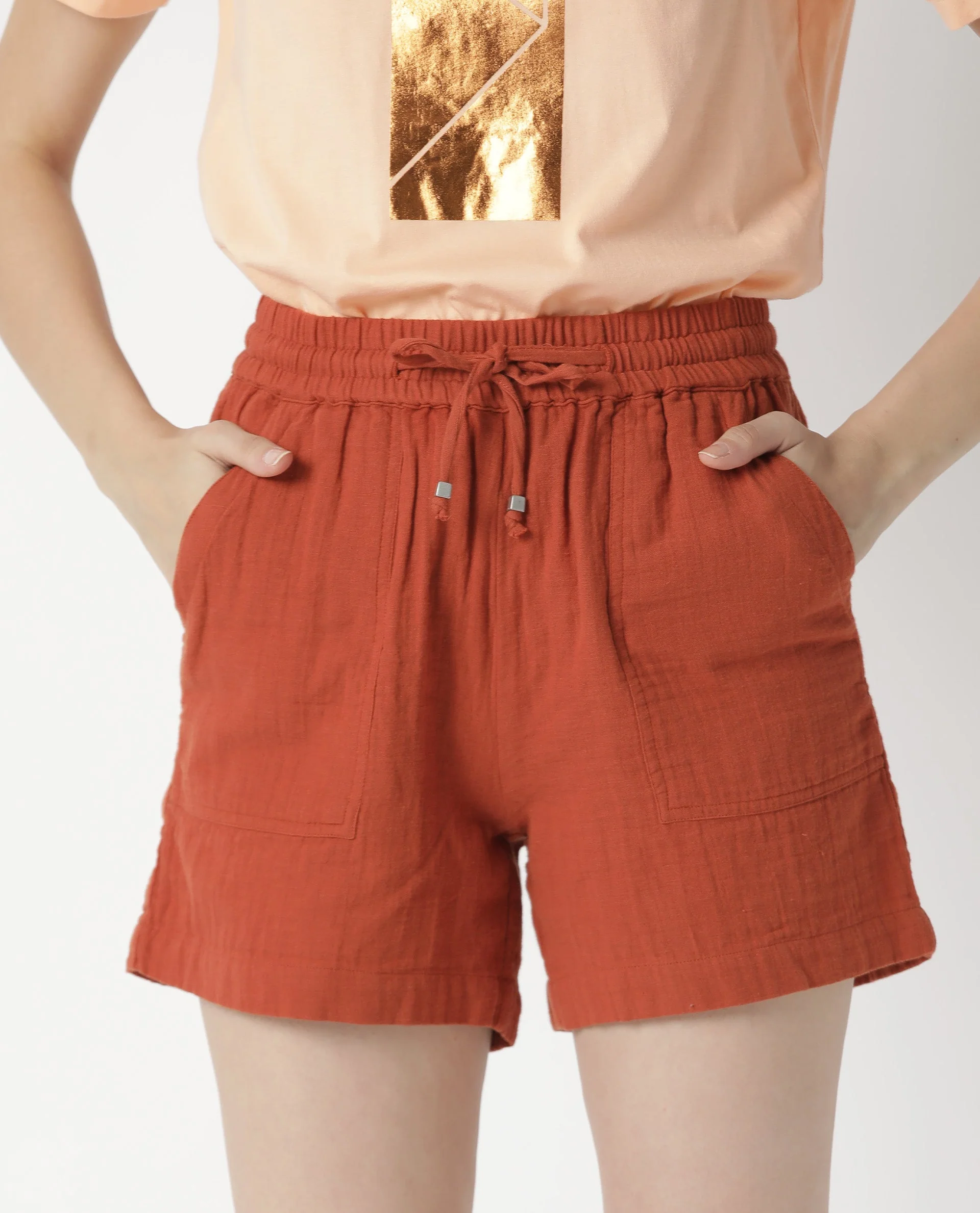 Rareism Womens Leno Rust Shorts Cotton Fabric Regular Fit Draw String Closure High Rise Waist Rise Above Knee/Mid Thigh Length - Image 2