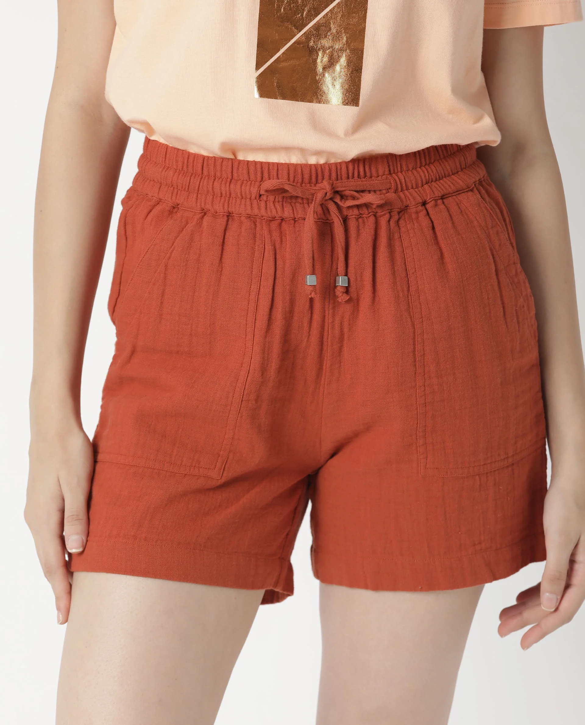 Rareism Womens Leno Rust Shorts Cotton Fabric Regular Fit Draw String Closure High Rise Waist Rise Above Knee/Mid Thigh Length - Image 7