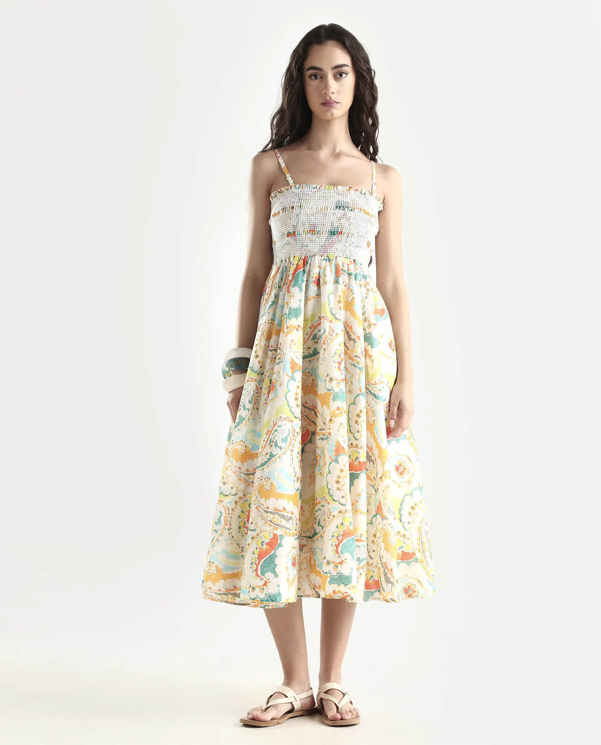 Rareism Women's Lenoid Multi Cotton Shoulder Strap Paisley Print Sleeveless Midi Fit And Flare Dress - Image 2
