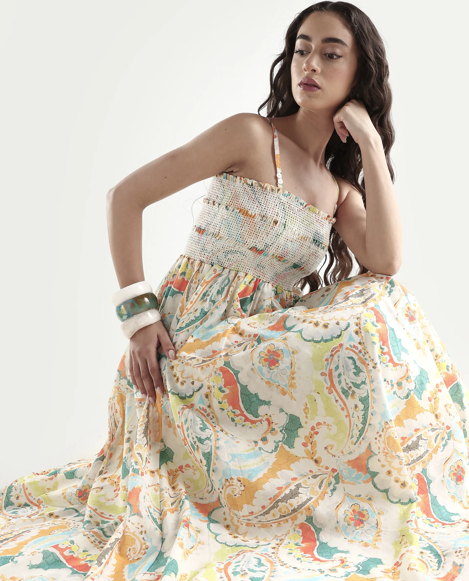 Rareism Women's Lenoid Multi Cotton Shoulder Strap Paisley Print Sleeveless Midi Fit And Flare Dress - Image 3